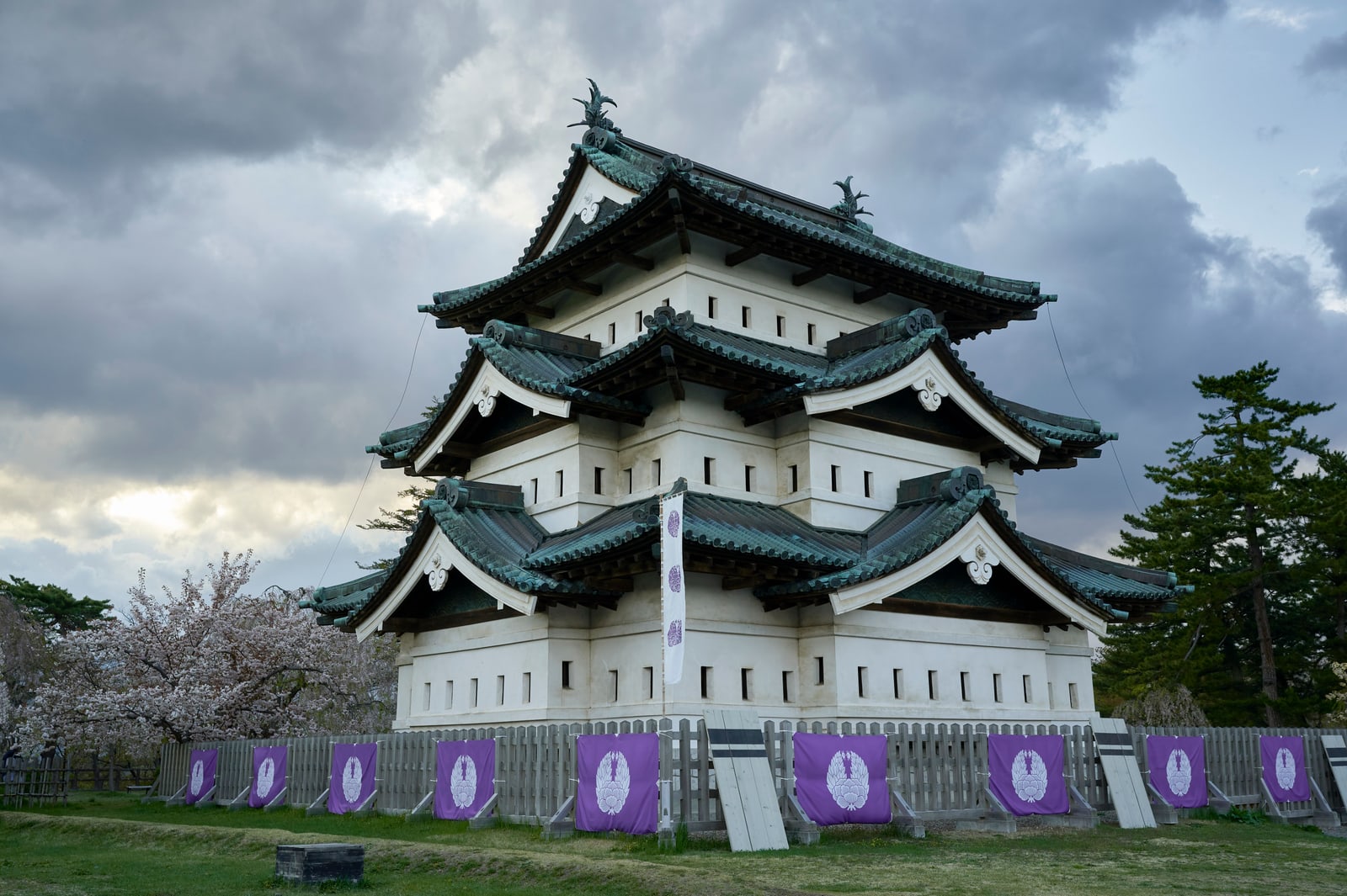 Hirosaki Castle's white three-storey keep under a grey sky, with a cherry tree in blossom