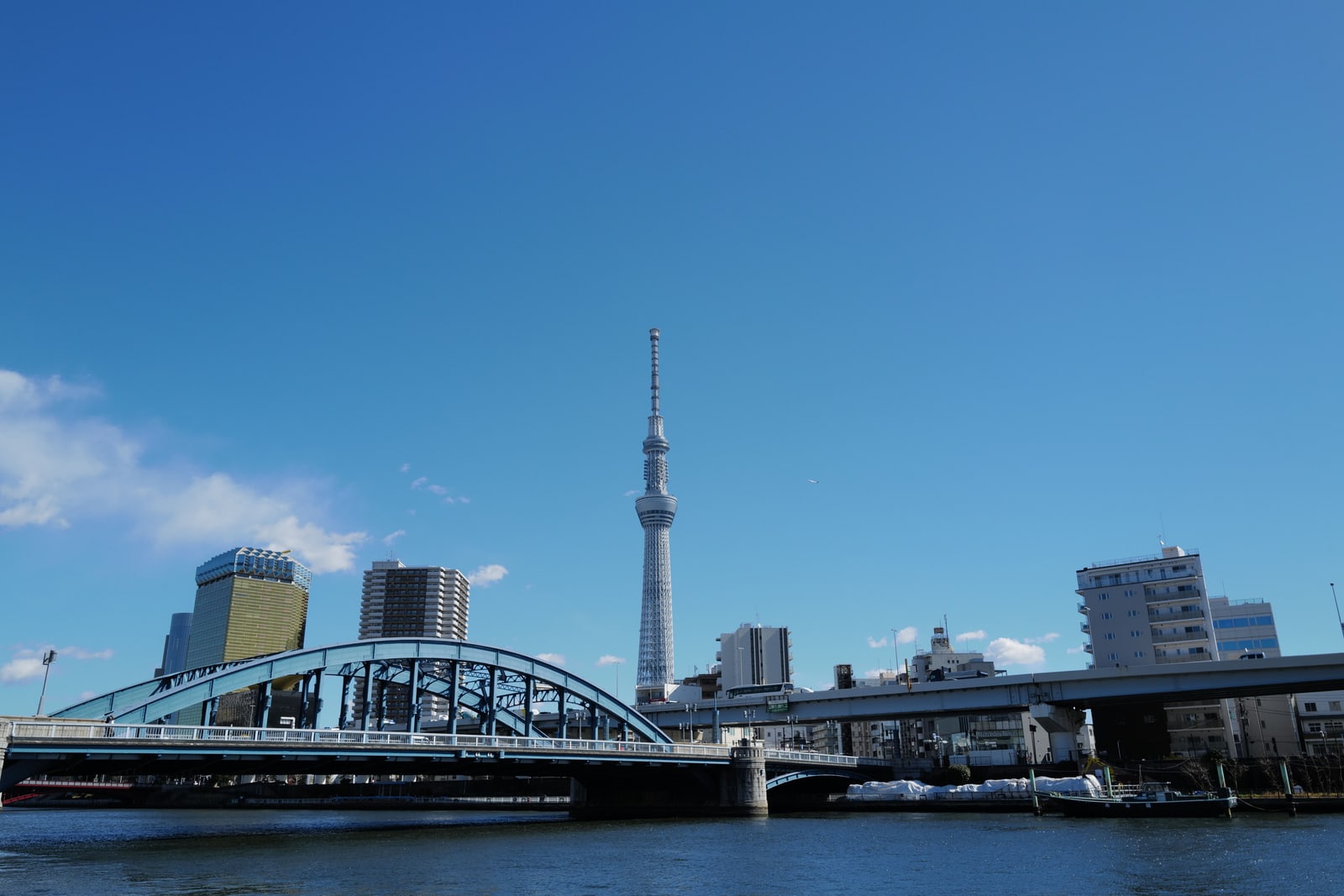 Tokyo Skytree rising behind a blue steel arch bridge over the Sumida River on a clear day