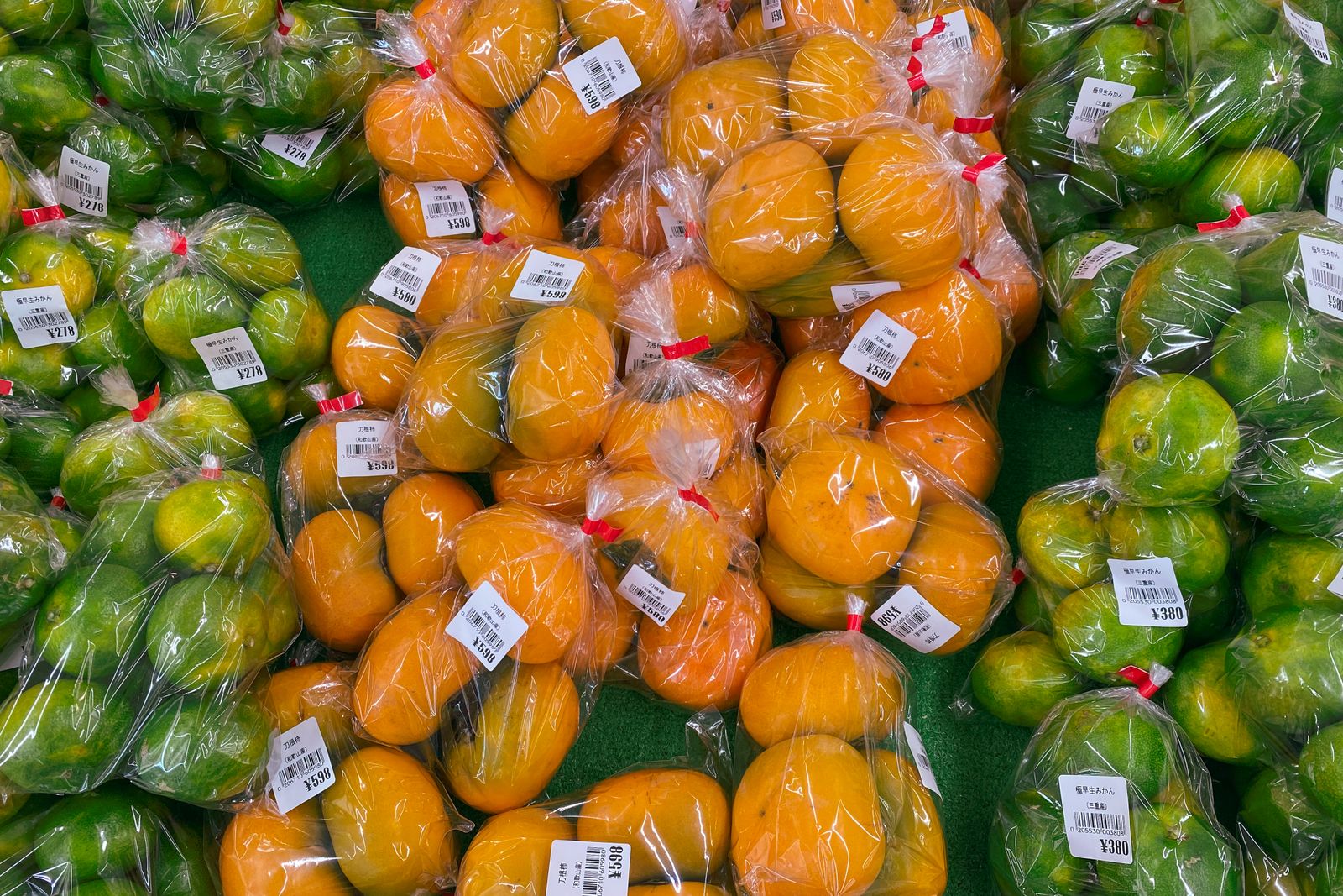 Bagged persimmons and early mikan on a market shelf, each bag with a Japanese price tag.