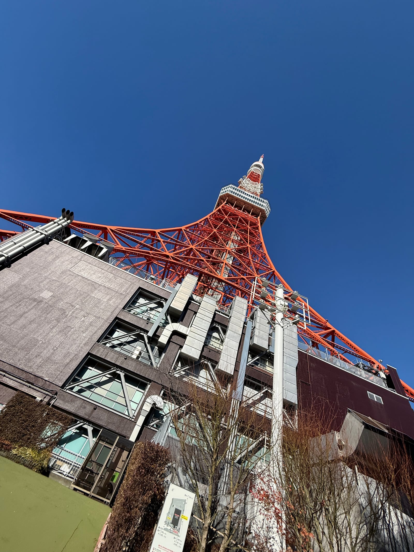 Tokyo Tower from its foot, looking straight up the red-and-white lattice into a clear blue sky.