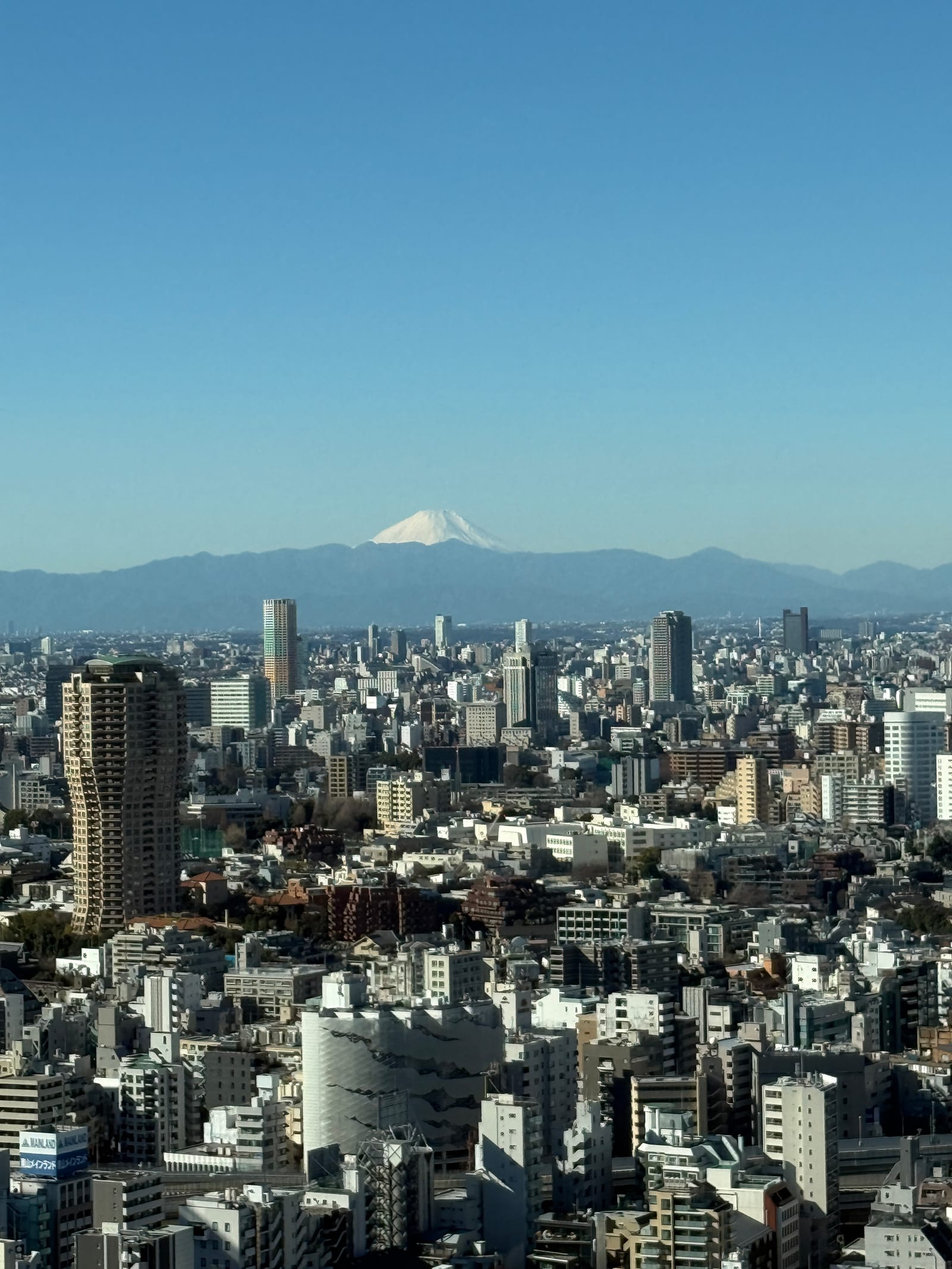 Mt Fuji small on the horizon beyond the city, from Tokyo Tower's Main Deck.