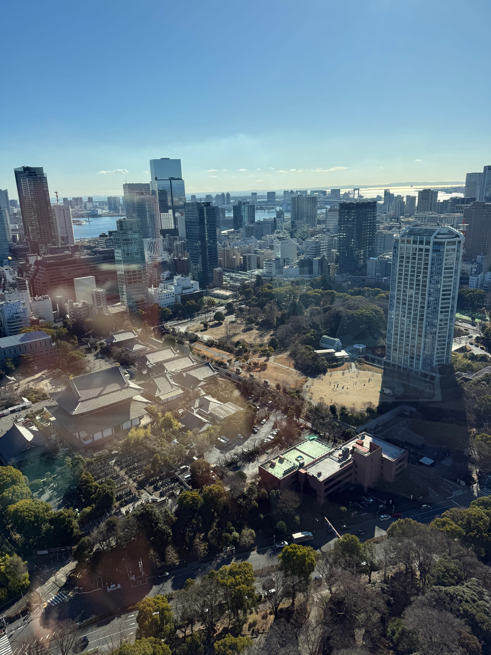 Looking down from Tokyo Tower's Main Deck onto the roofs of Zojoji temple, with towers and the bay beyond.