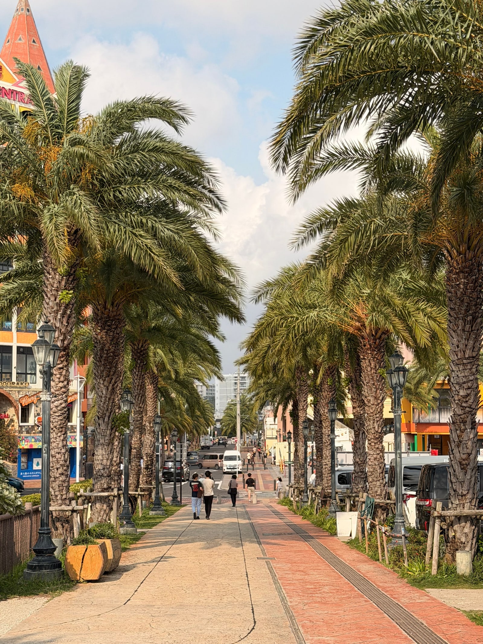 A palm-lined pedestrian walk beside colourful shop buildings under a blue sky