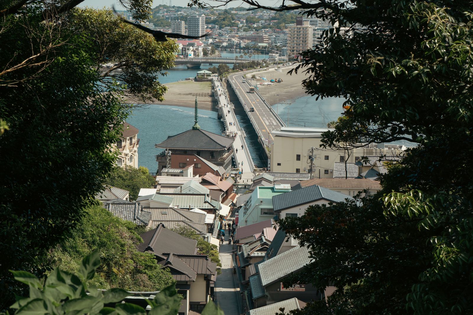 Enoshima's approach street and the bridge to the mainland, seen through trees from the island, the Shonan shore beyond.