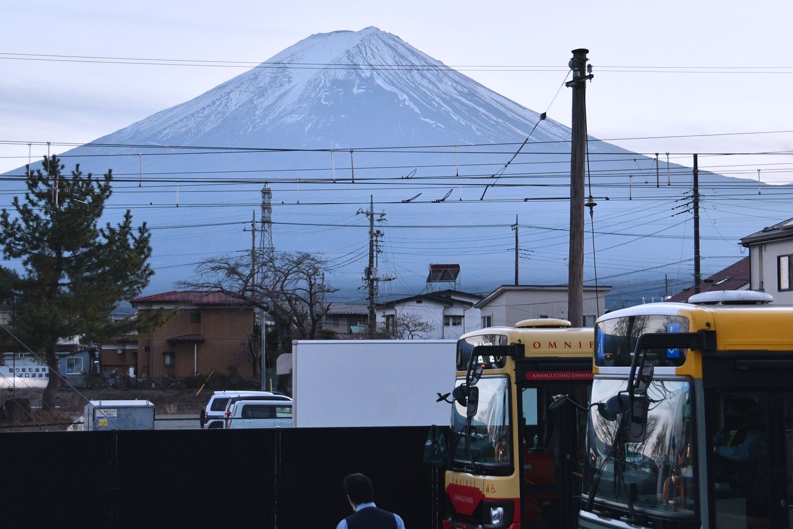 A snow-capped Mount Fuji above power lines, houses and two Kawaguchiko Omnibus buses in a parking lot at Fujikawaguchiko.