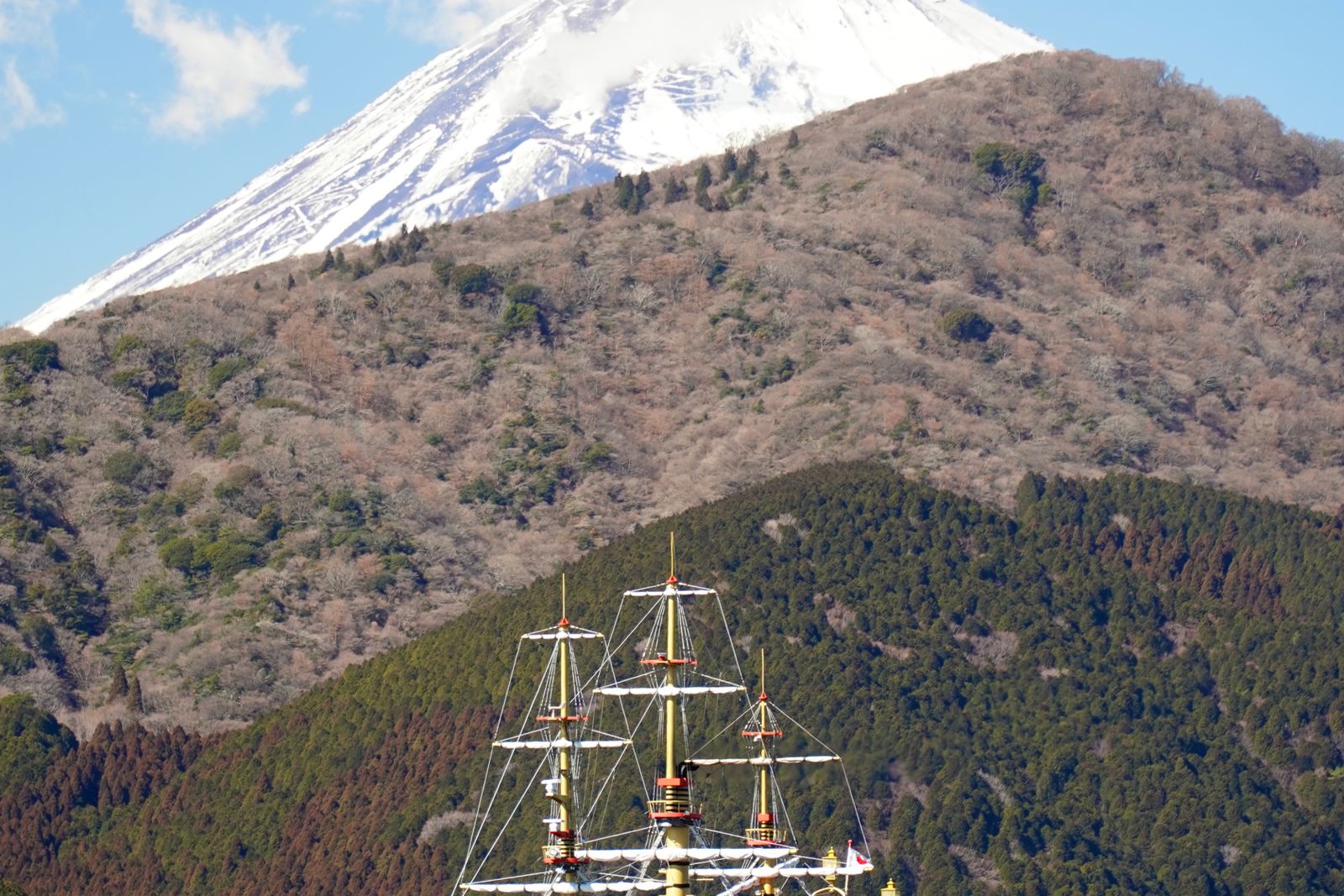 The masts and rigging of a Lake Ashi sightseeing ship against forested slopes and a snow-capped Mount Fuji on a clear winter day.