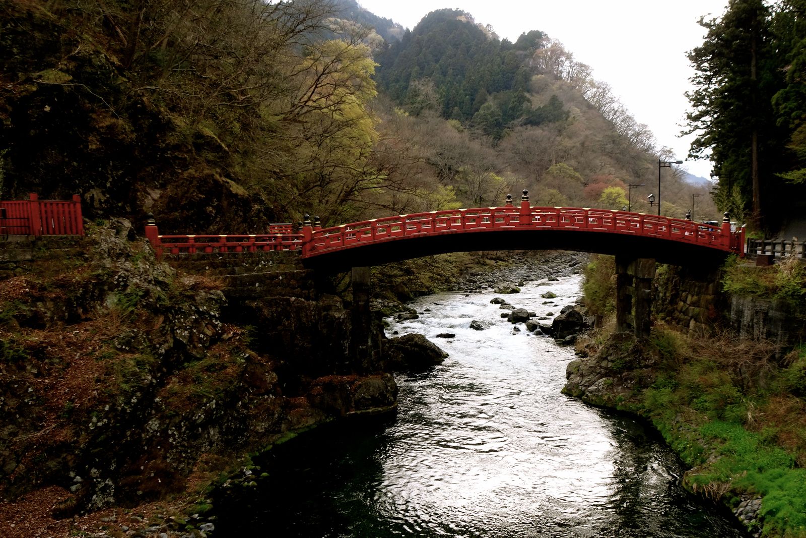 The red Shinkyo bridge arching over the Daiya River at Nikko, spring greens on both banks.