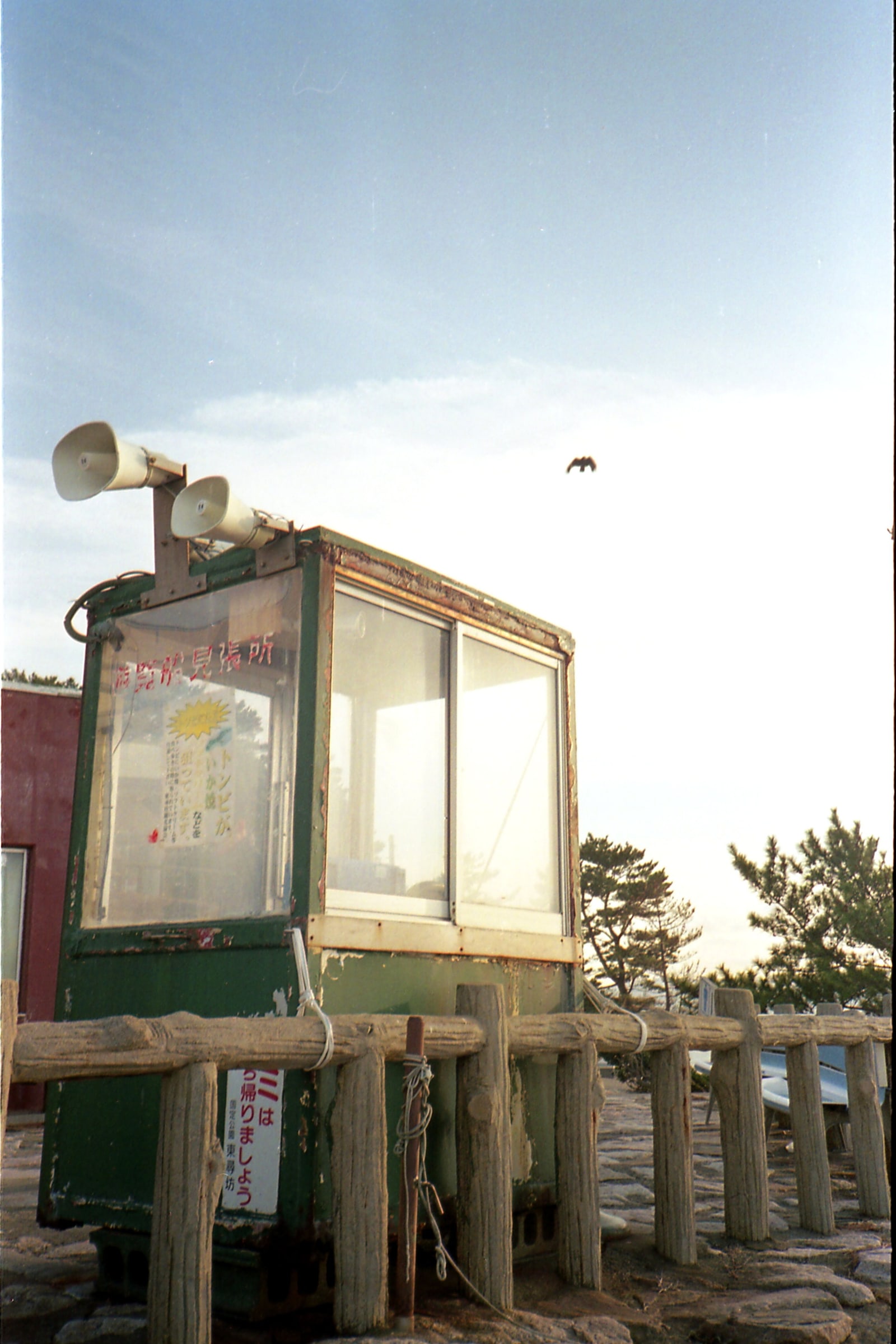 A weathered green lookout booth with two loudspeakers on its roof at the Tojinbo cliff top, a wooden-style railing in front and pines behind