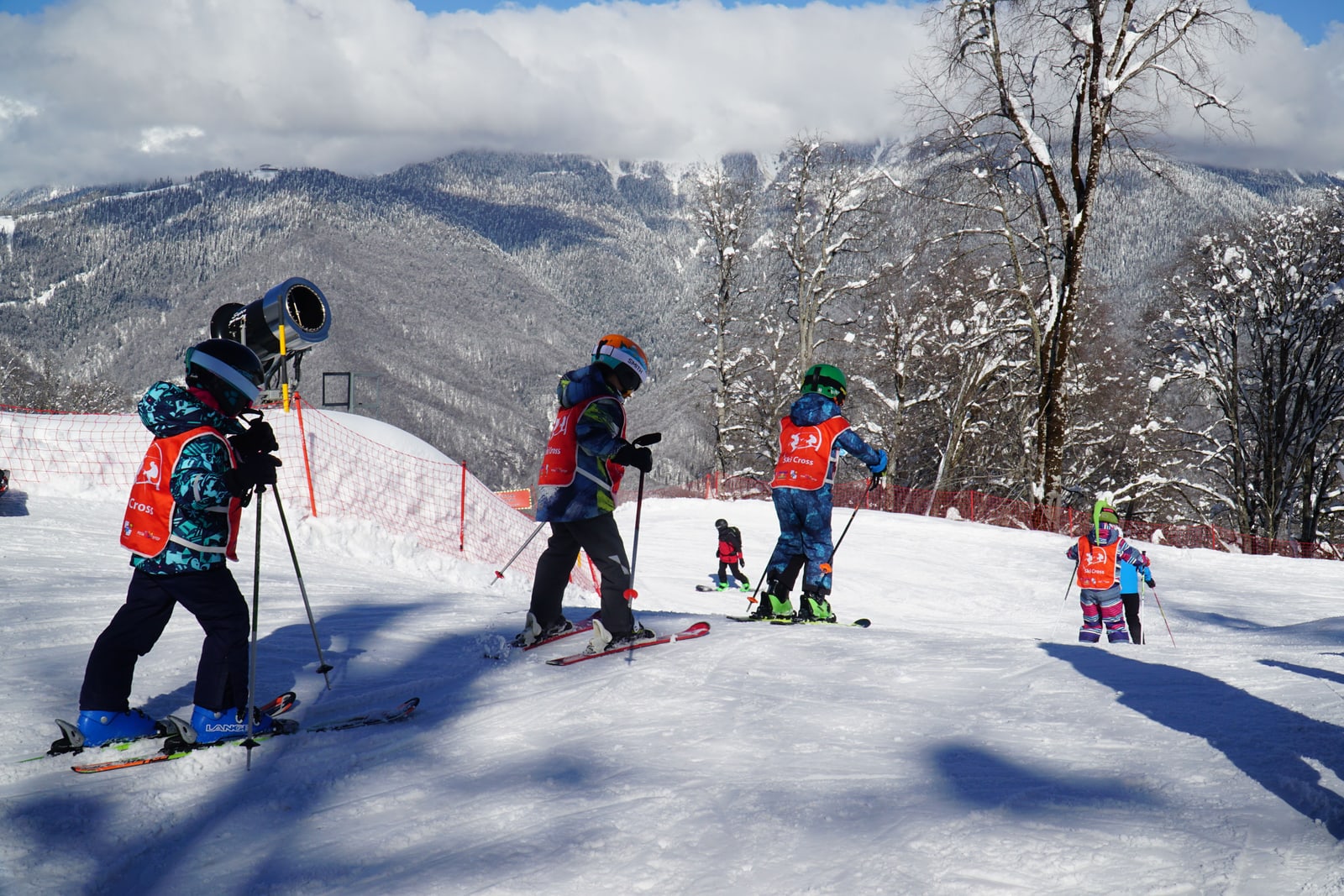 Small skiers in red ski-school bibs and helmets on a gentle groomed slope, bare snowy trees and a mountain ridge behind.