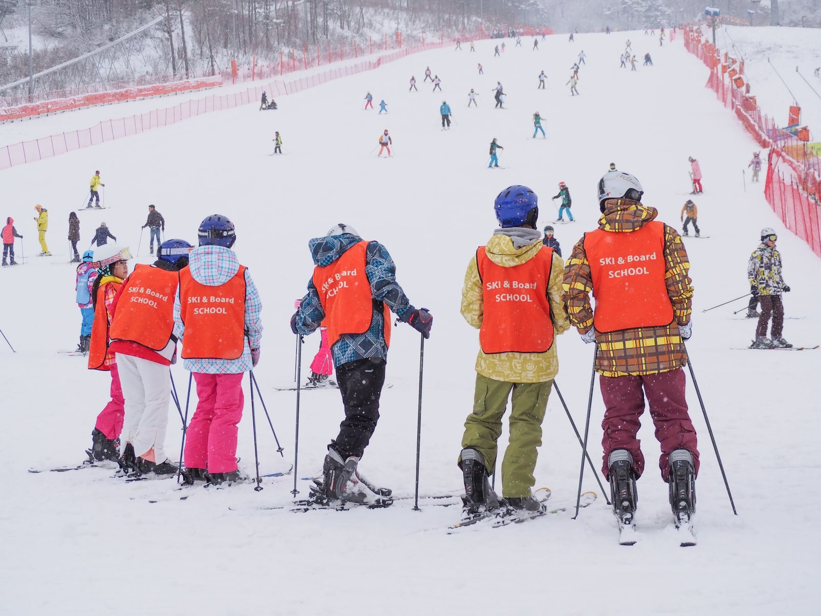 A group in orange Ski and Board School bibs seen from behind at the foot of a busy groomed slope, red safety netting along the side.