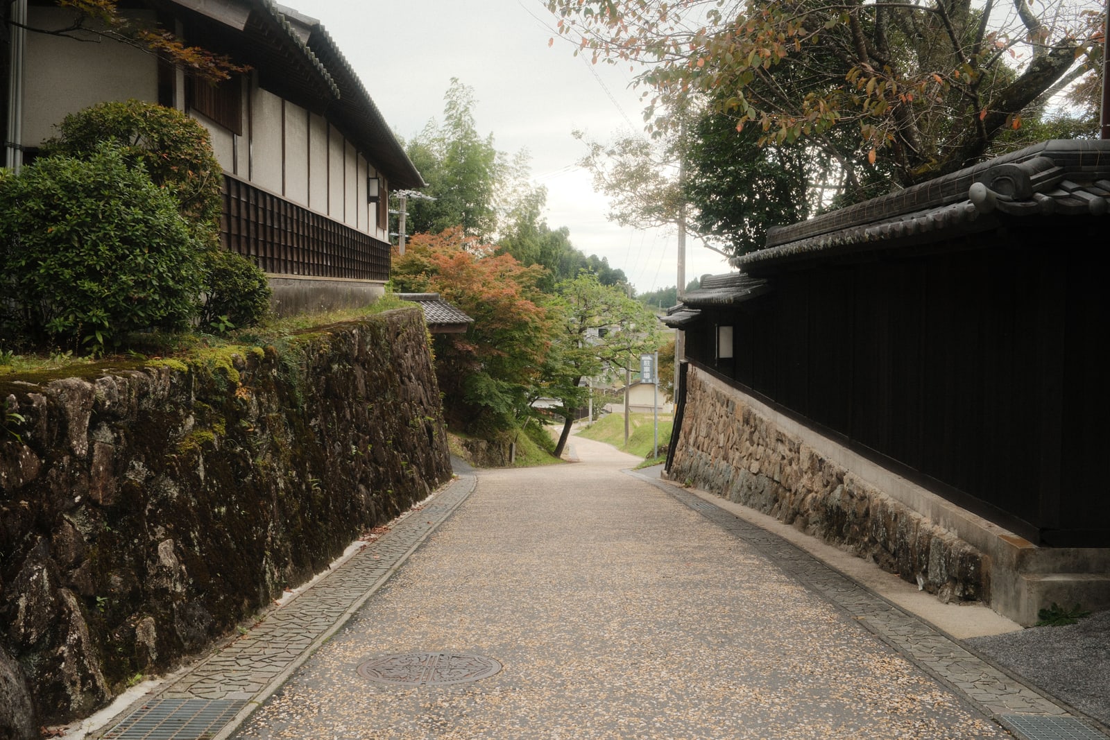 An old lane between stone walls and wooden houses under an overcast sky