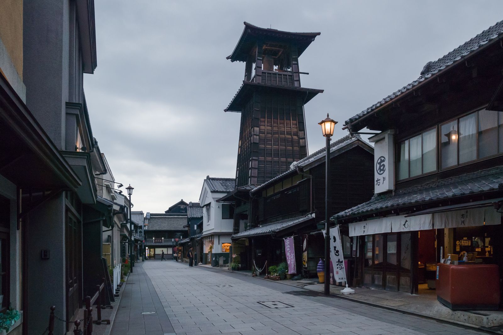 Kawagoe's kurazukuri storehouse street at blue hour, almost empty — off-peak Japan is still Japan, minus the crowd.