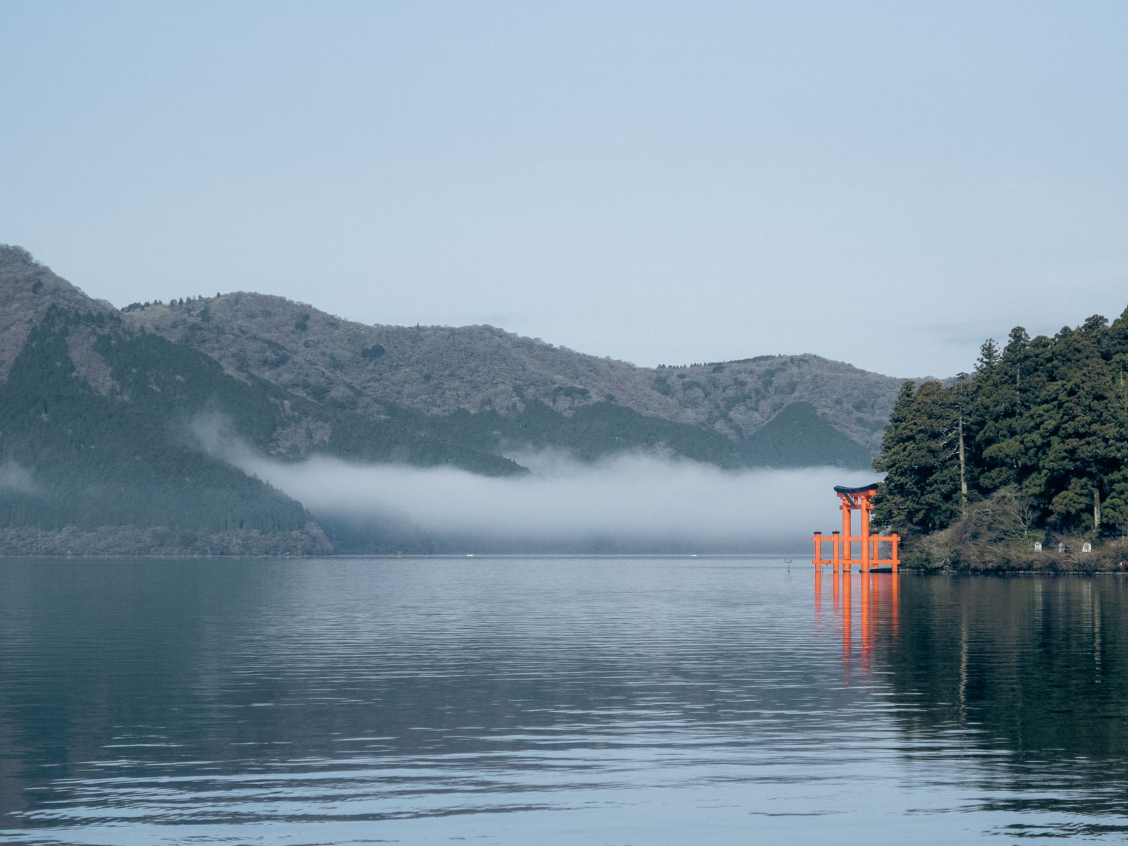 The red torii of Hakone Shrine standing in calm Lake Ashi, a band of mist lying across the forested hills behind it.