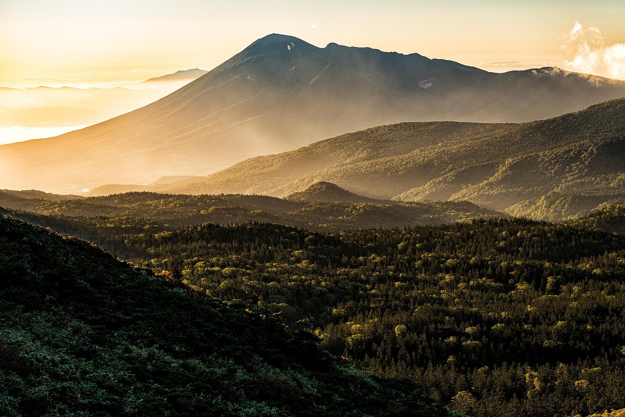 A broad volcanic peak above forested ridges in hazy low sun