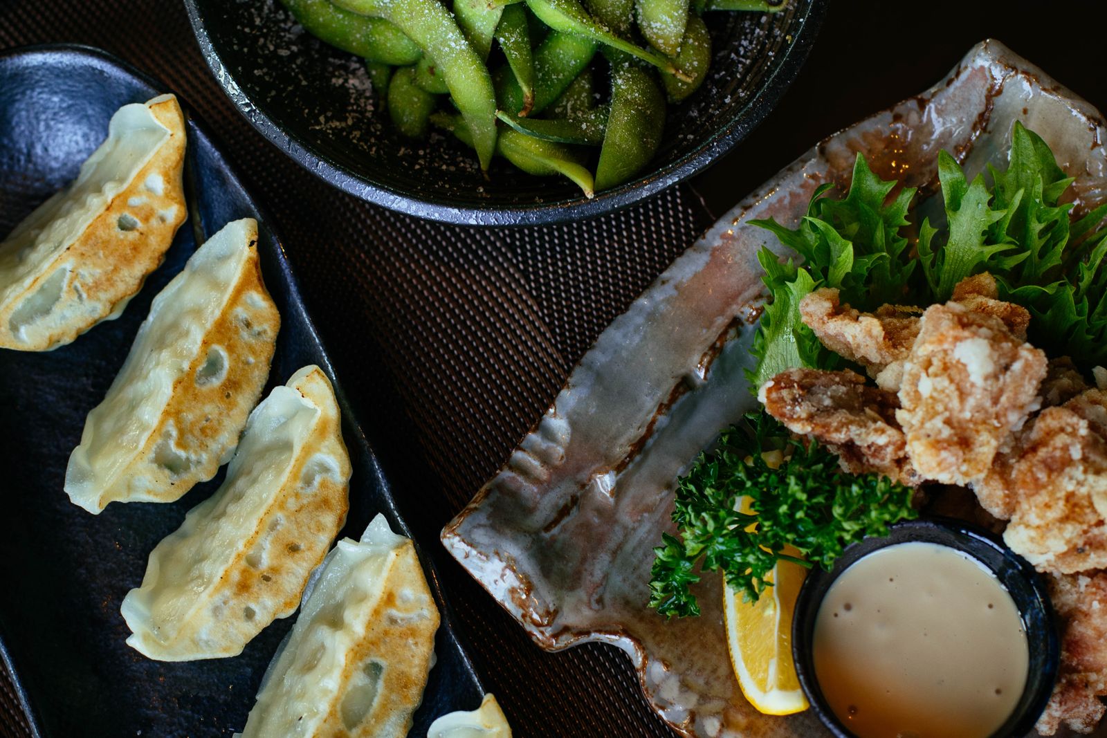 Gyoza, a bowl of salted edamame, and karaage with a lemon wedge, seen from above.