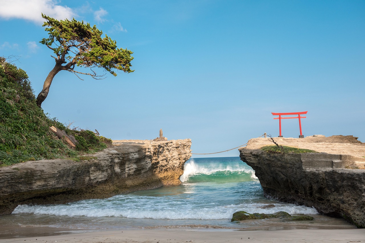 A red torii on a sea rock above breaking waves on the Izu Peninsula, as the photographer places it