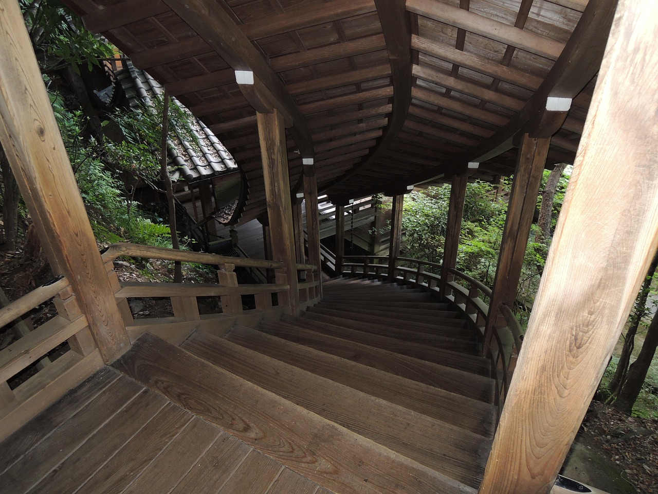 A covered wooden stairway curving up a wooded slope, seen from inside, green trees beyond the railings.