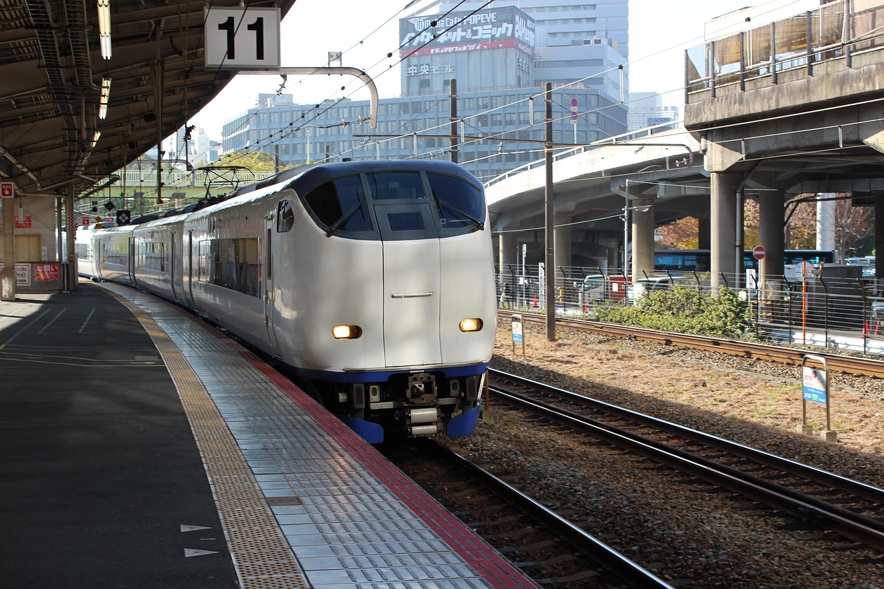 A white Haruka limited express with a rounded nose at a platform numbered 11, city buildings behind.