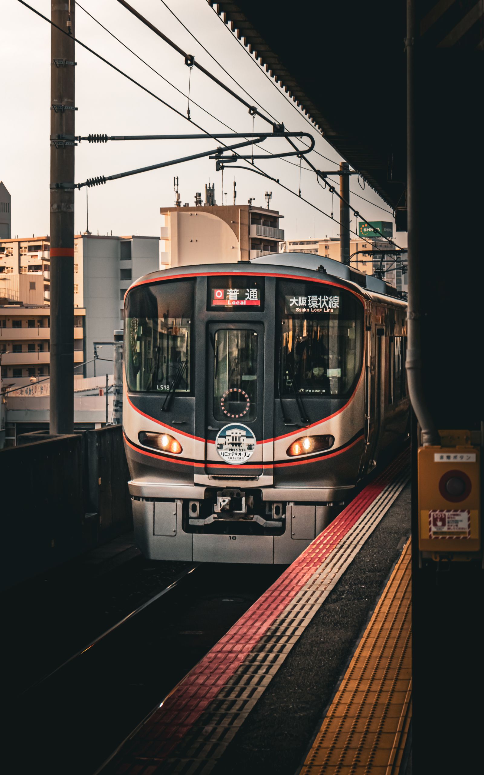 A JR commuter train pulling into an elevated Osaka platform at dusk, lit from the side.