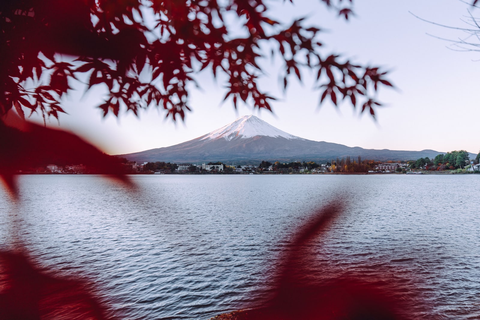 Mount Fuji with a snow cap across Lake Kawaguchi, framed by out-of-focus red maple leaves in the foreground.