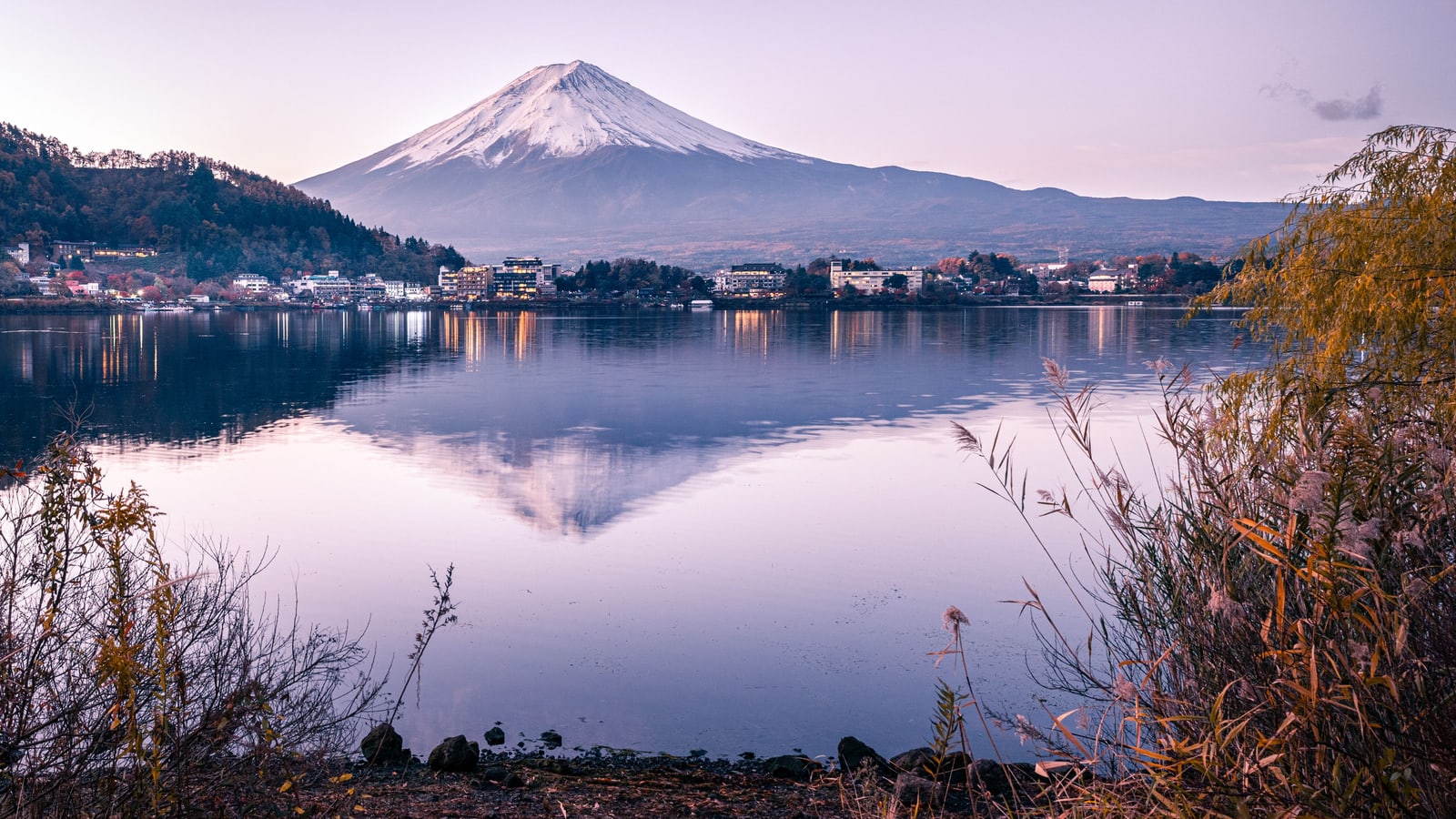 Snow-capped Mount Fuji in pink dawn light above the lakeside town at Lake Kawaguchi, mirrored in still water.