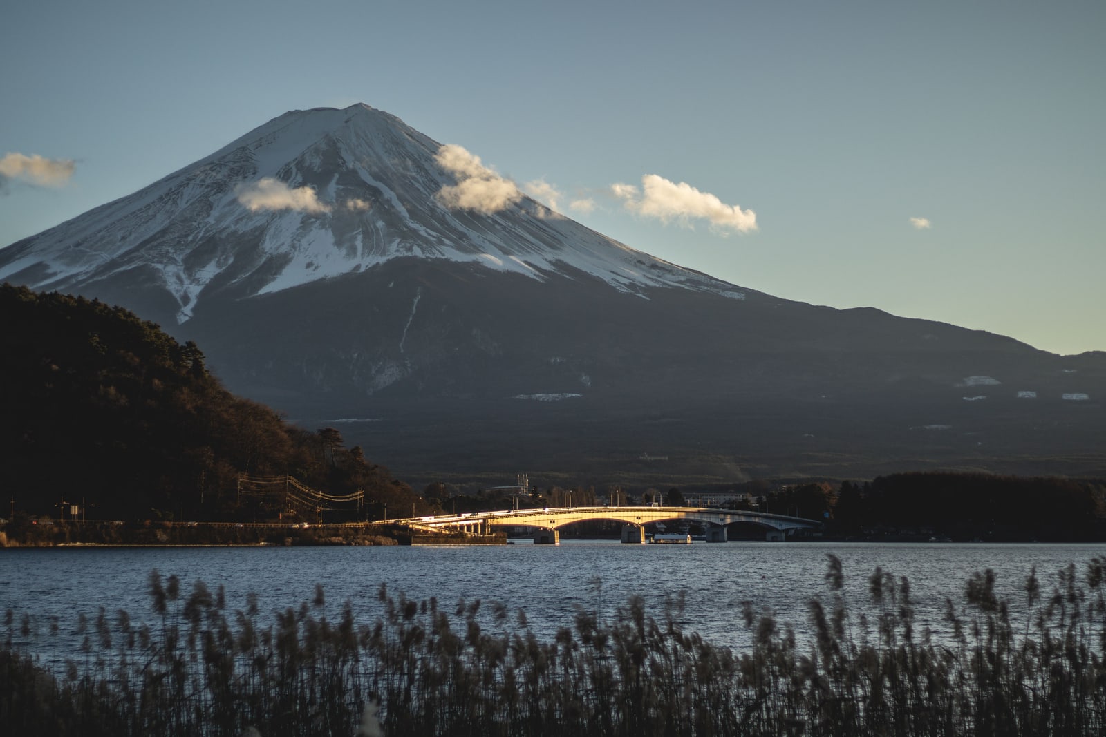Mount Fuji with snow on its upper slopes at dusk, a lit road bridge low across Lake Kawaguchi and reeds in the foreground.