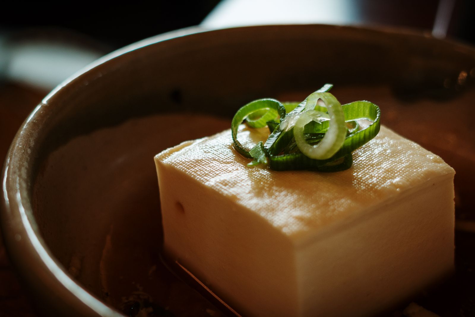 A single block of tofu topped with green onion in a stoneware bowl.