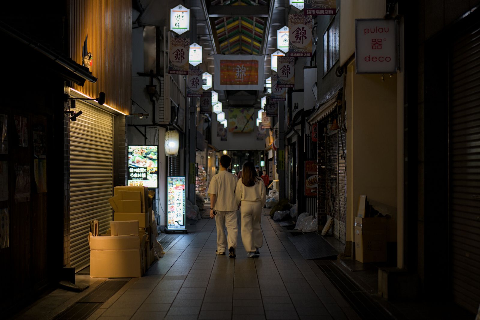Nishiki Market's covered lane at night, shutters down, lantern signs reading 錦市場商店街, a couple walking away.