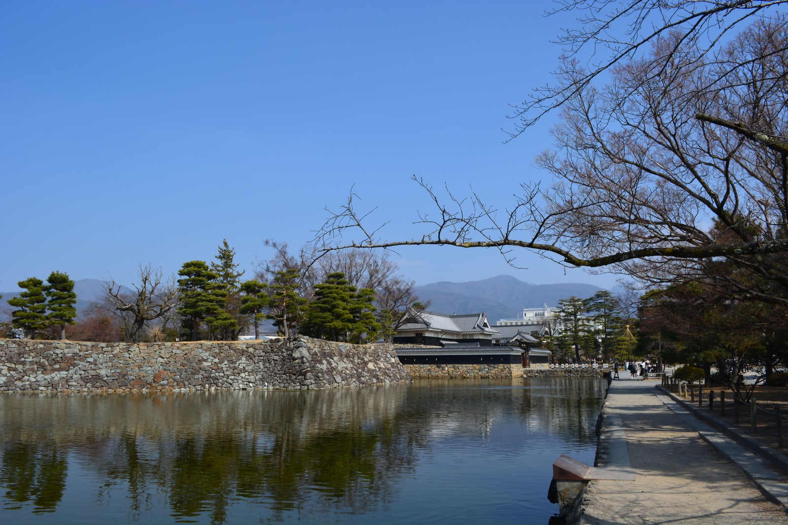 The moat and stone walls of Matsumoto Castle under a clear sky, bare trees and mountains on the horizon