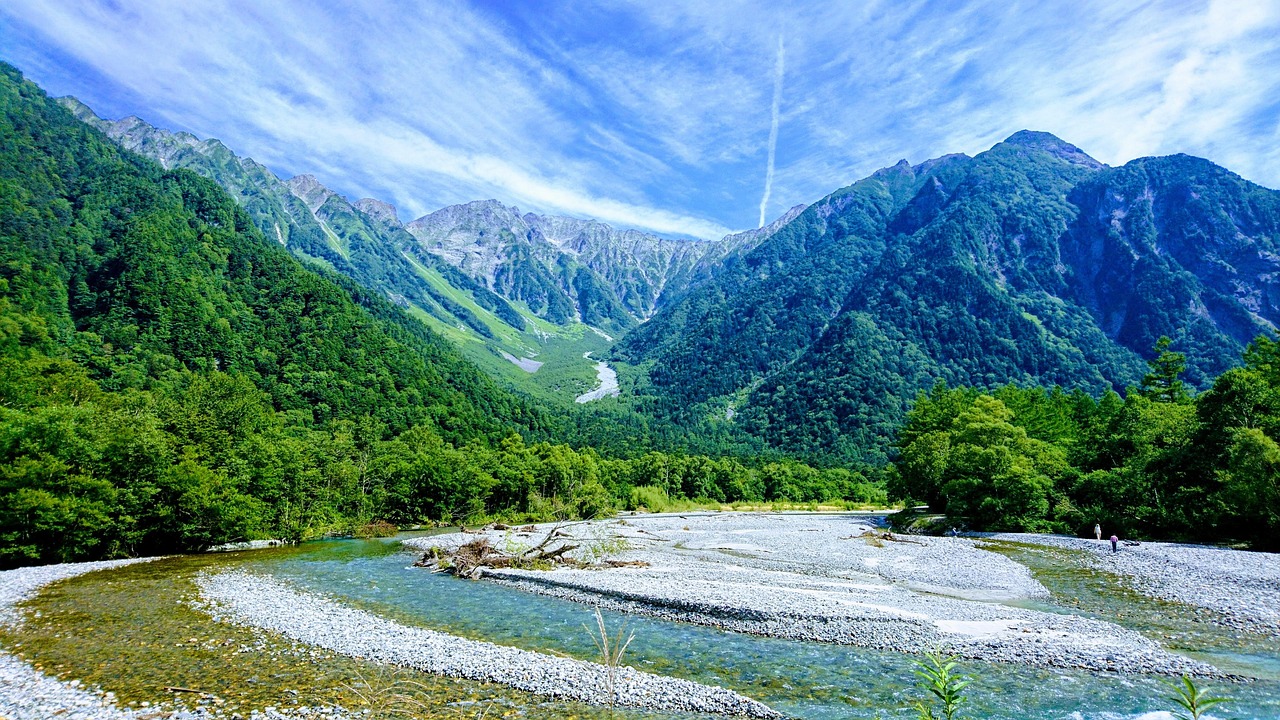 The clear Azusa River braided over white gravel in Kamikochi, with the Hotaka mountains behind in summer