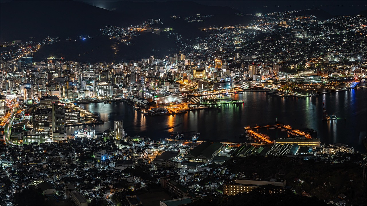 A night view from a height over a dense city and a bay, lit quays and piers reflected in dark water, with hills and scattered lights behind
