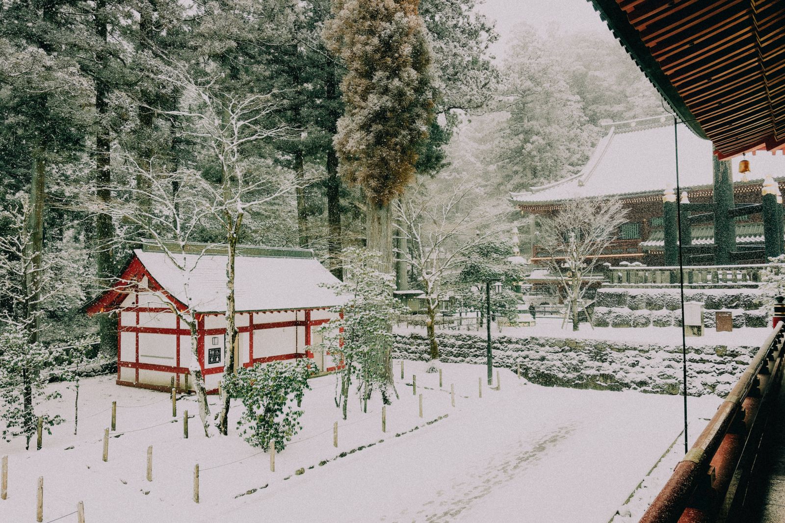 Snow on shrine grounds at Nikko Toshogu, a red-and-white building and a larger hall among snow-covered cedars.