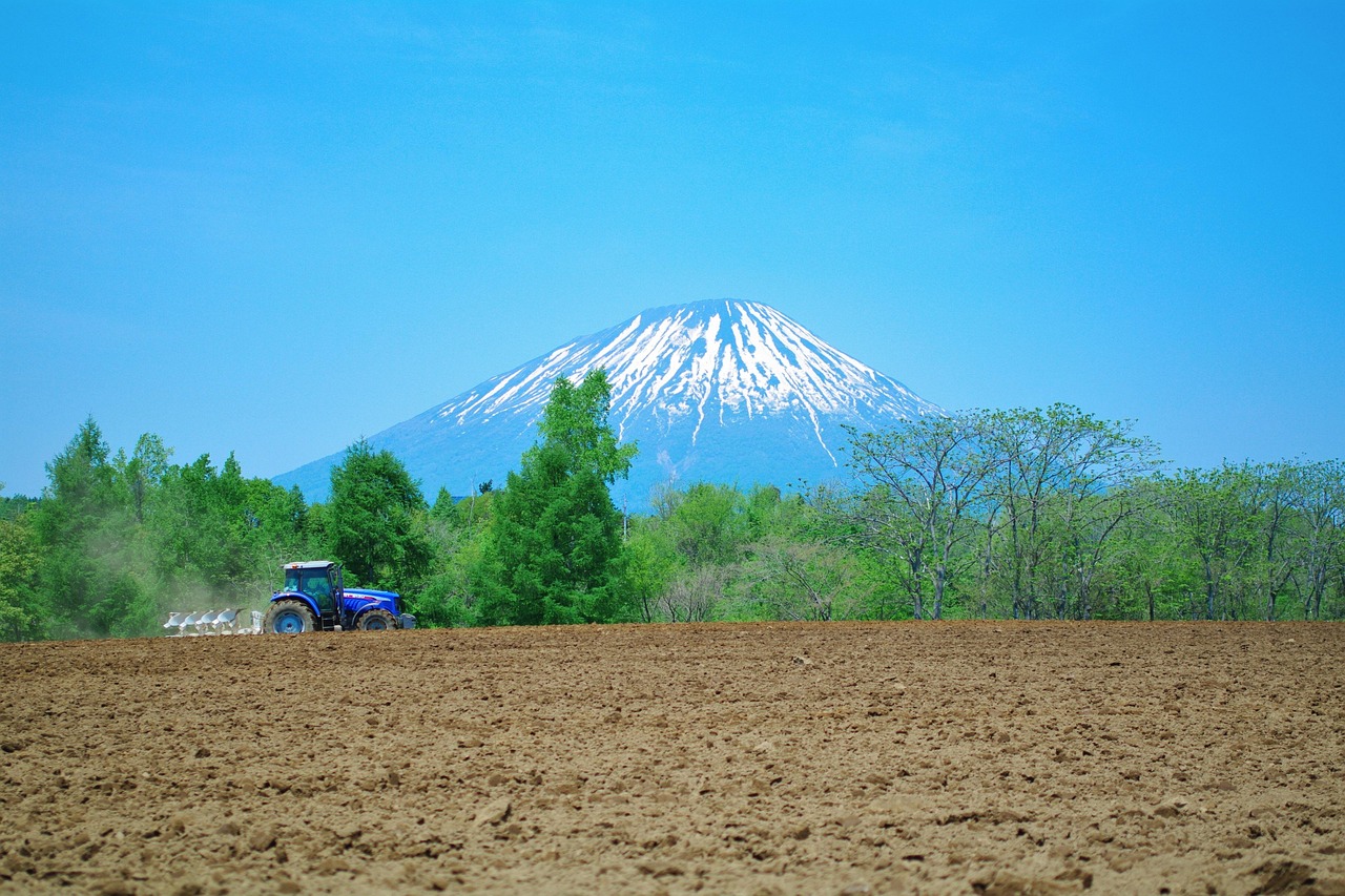 A blue tractor ploughing a field in front of a snow-streaked volcano, fresh green trees between, Niseko, Hokkaido