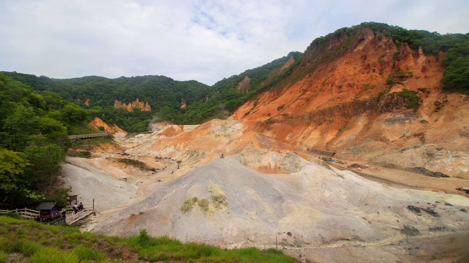 A wide view of a volcanic valley with an orange cliff, grey sulphur mounds and a wooden boardwalk, Noboribetsu Jigokudani