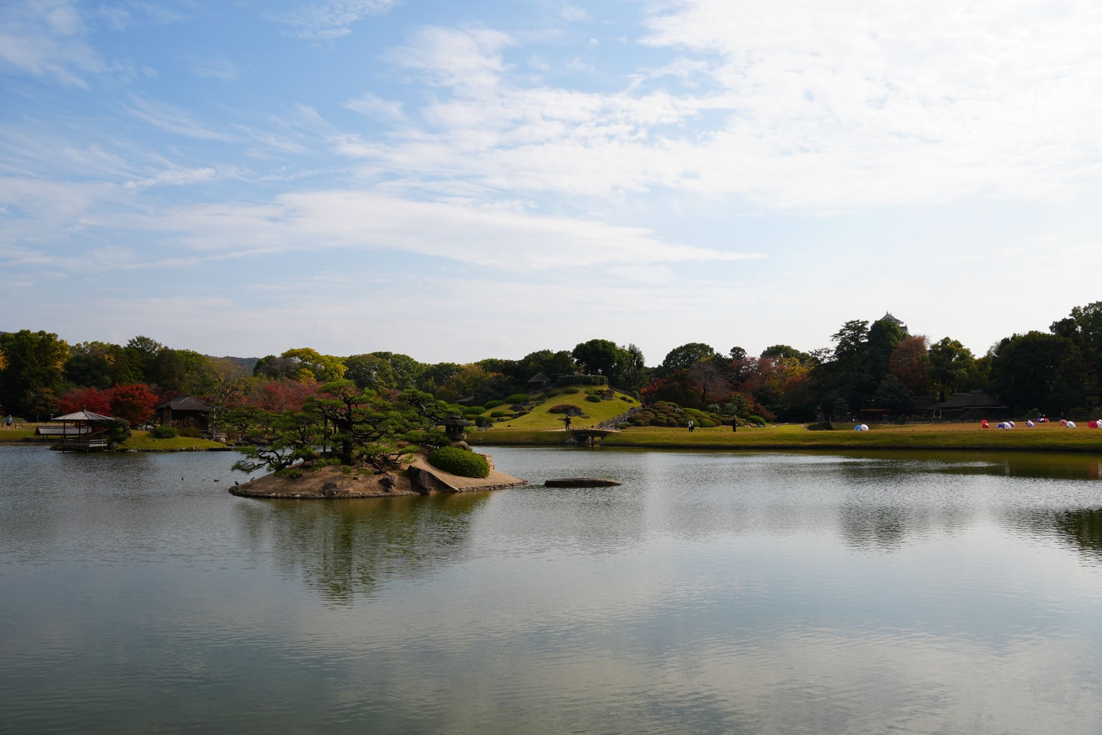 The wide pond at Korakuen with a small pine island, autumn colour among the trees and the castle roof just visible beyond the treeline