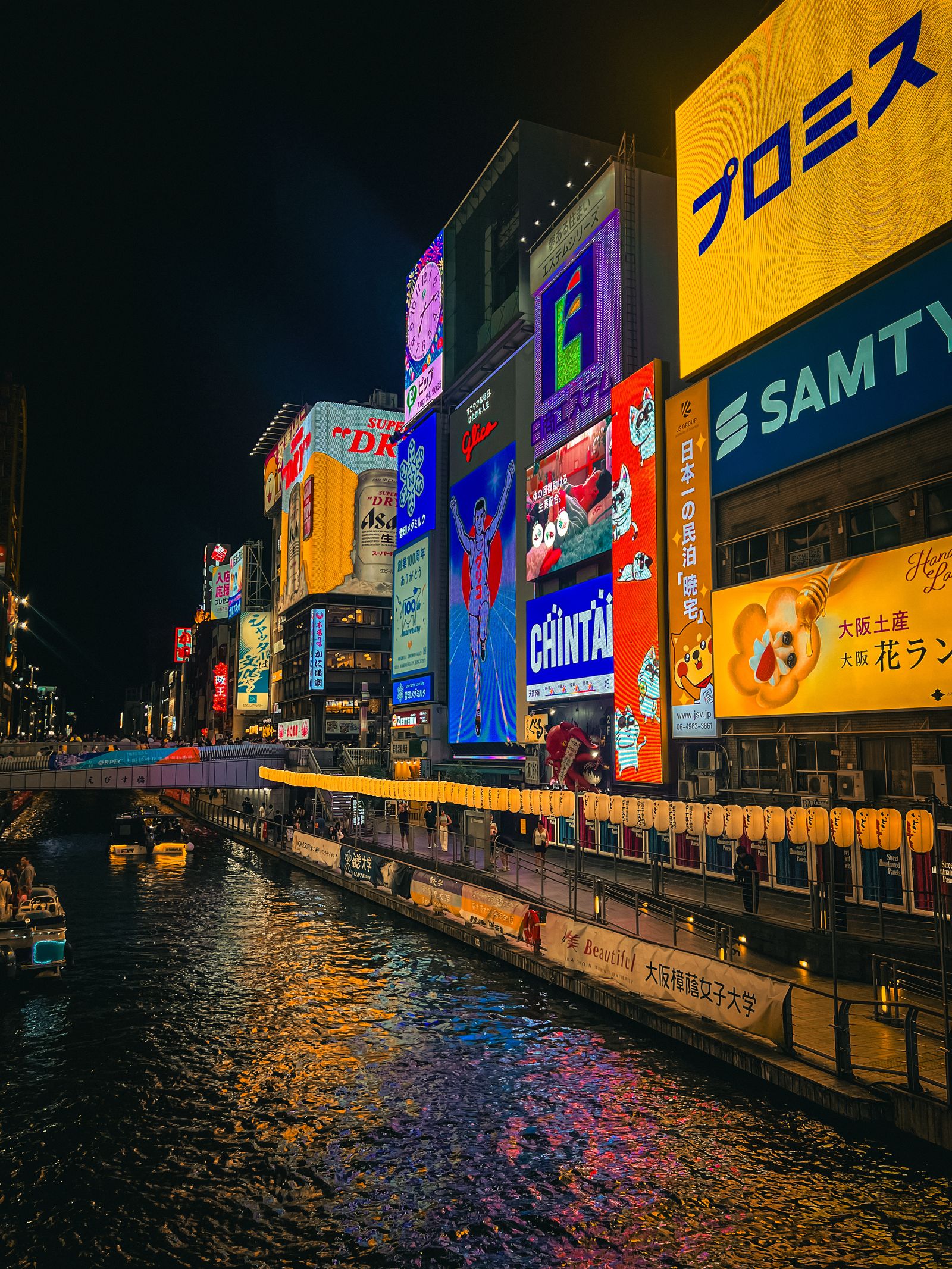 The Dotonbori canal at night from the bridge, signage stacked vertically above the water.
