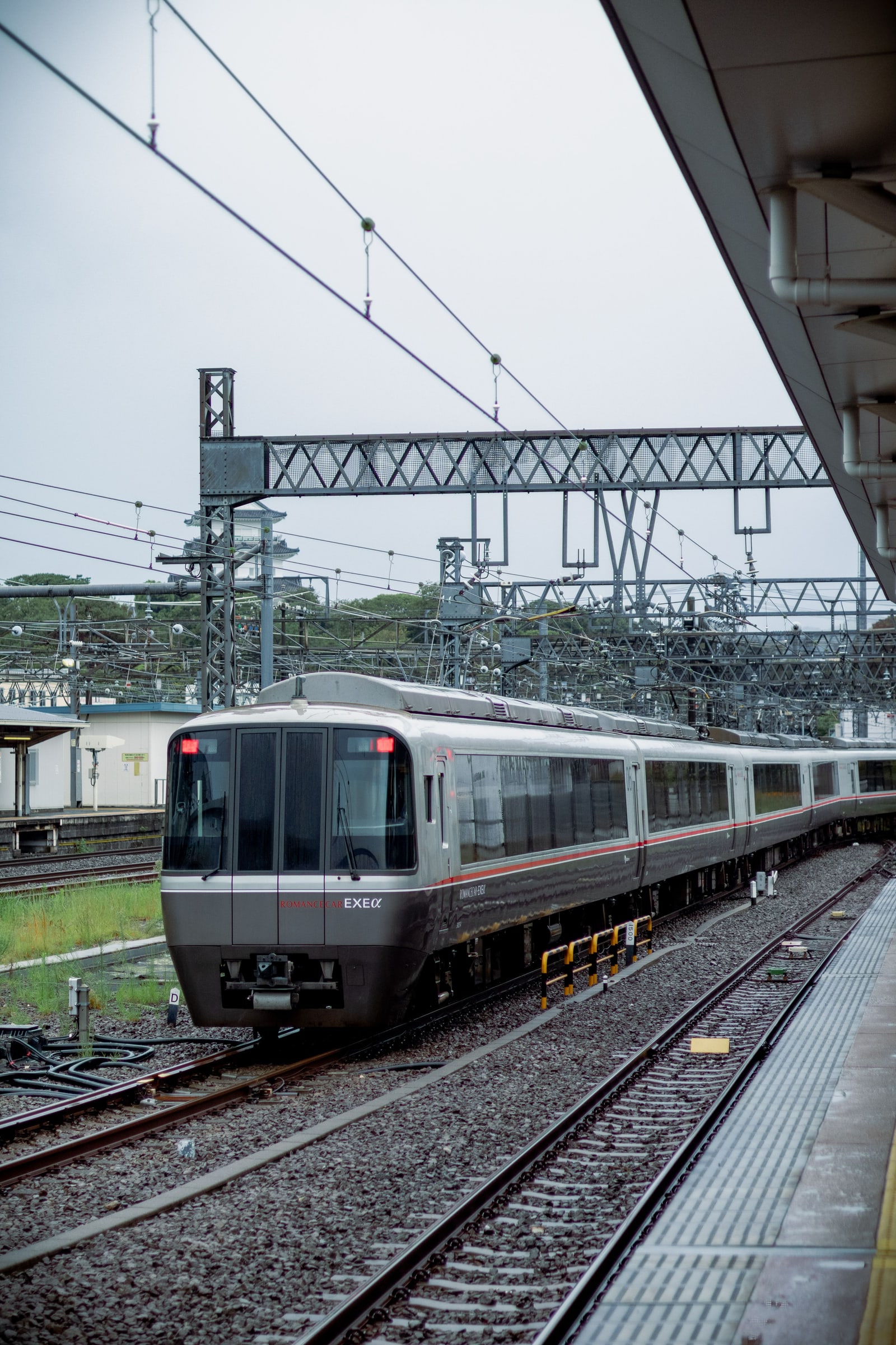 A silver Romancecar EXEα train with a red stripe at a station platform under overhead wires, with Odawara Castle's white keep visible behind the trees.