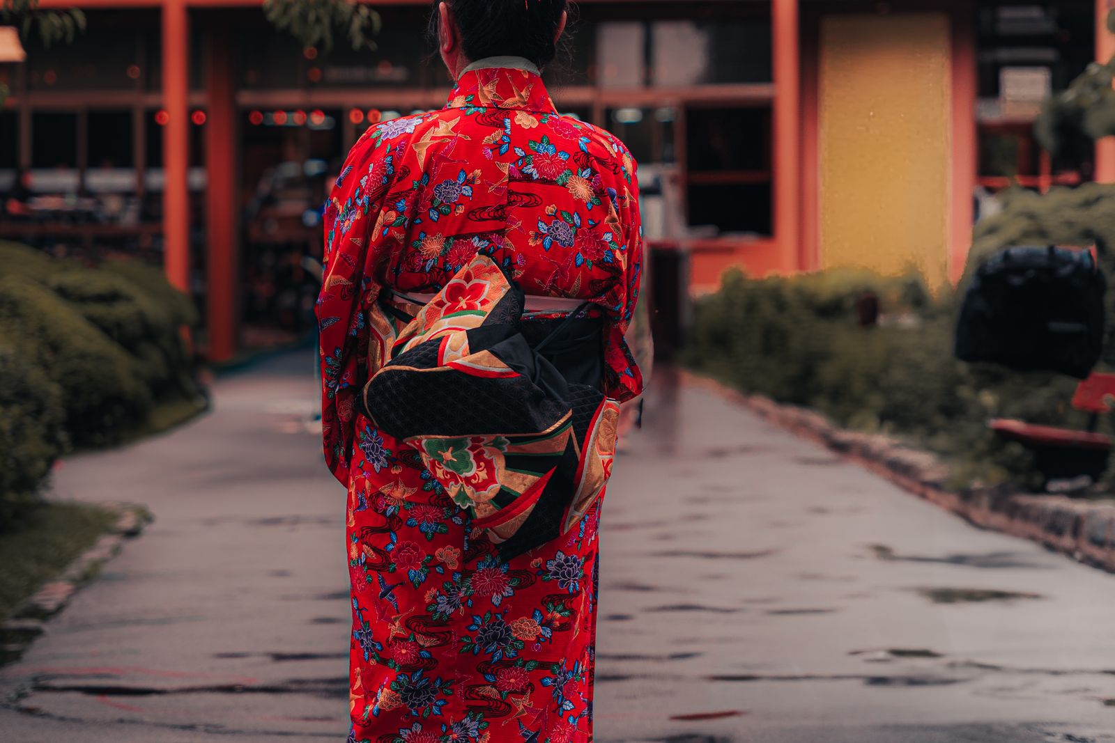 A woman in a vivid red kimono patterned with flowers and cranes, tied with an elaborate black and gold obi musubi, walking away down a wet paved path.