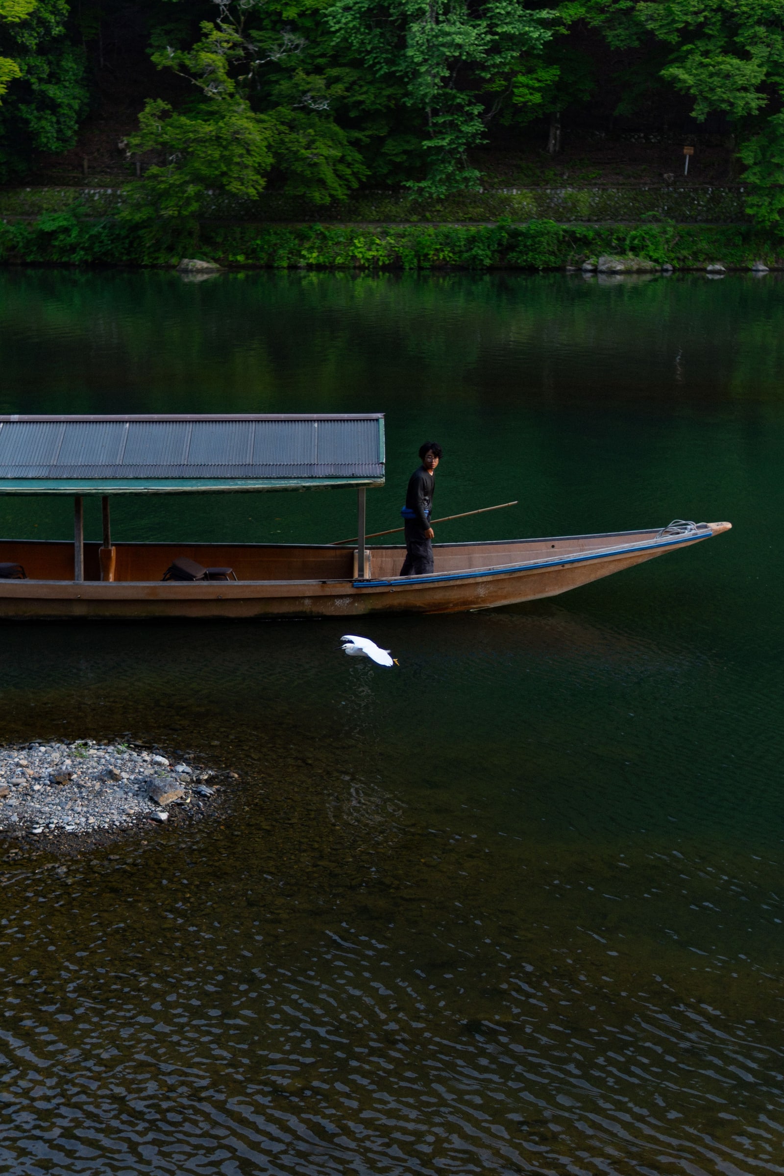 A boatman standing at the stern of a long covered wooden boat on still dark-green water, a white heron on the gravel in front.
