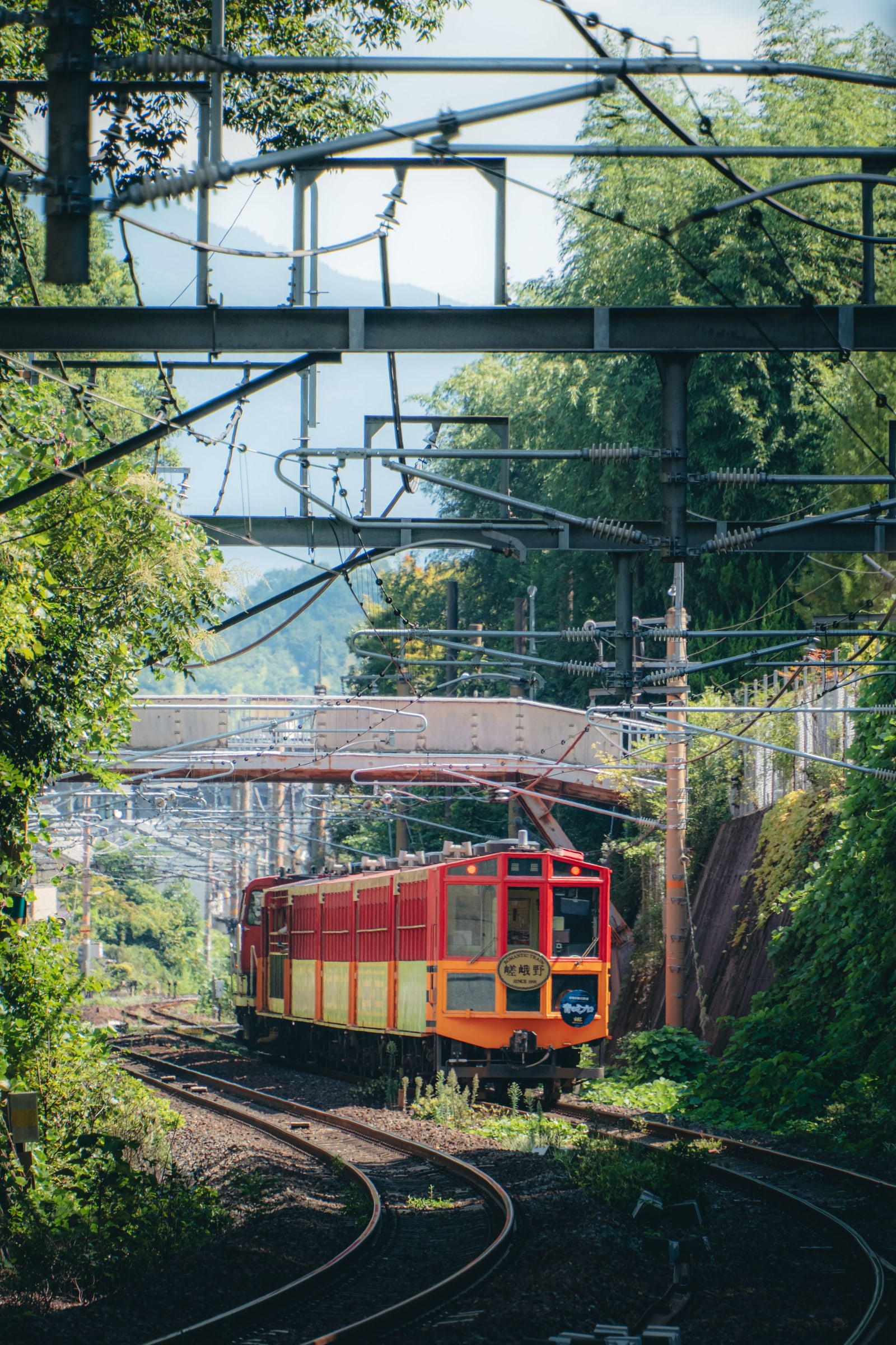The red-and-yellow Sagano Romantic Train rounding a curve between green bamboo and trees, steel gantries and a footbridge overhead.