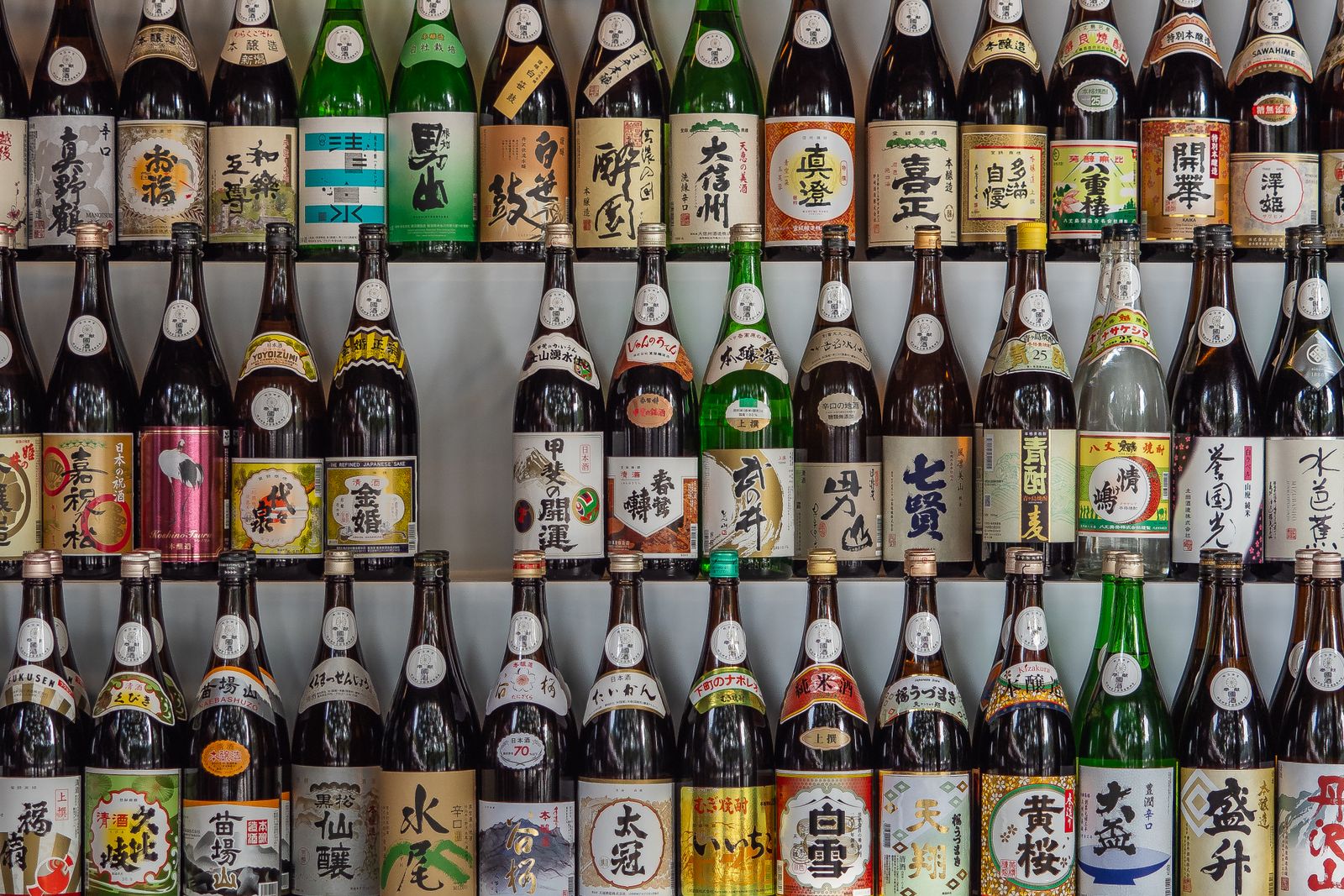 Three packed shelves of Japanese sake bottles against a white wall, the labels legible.