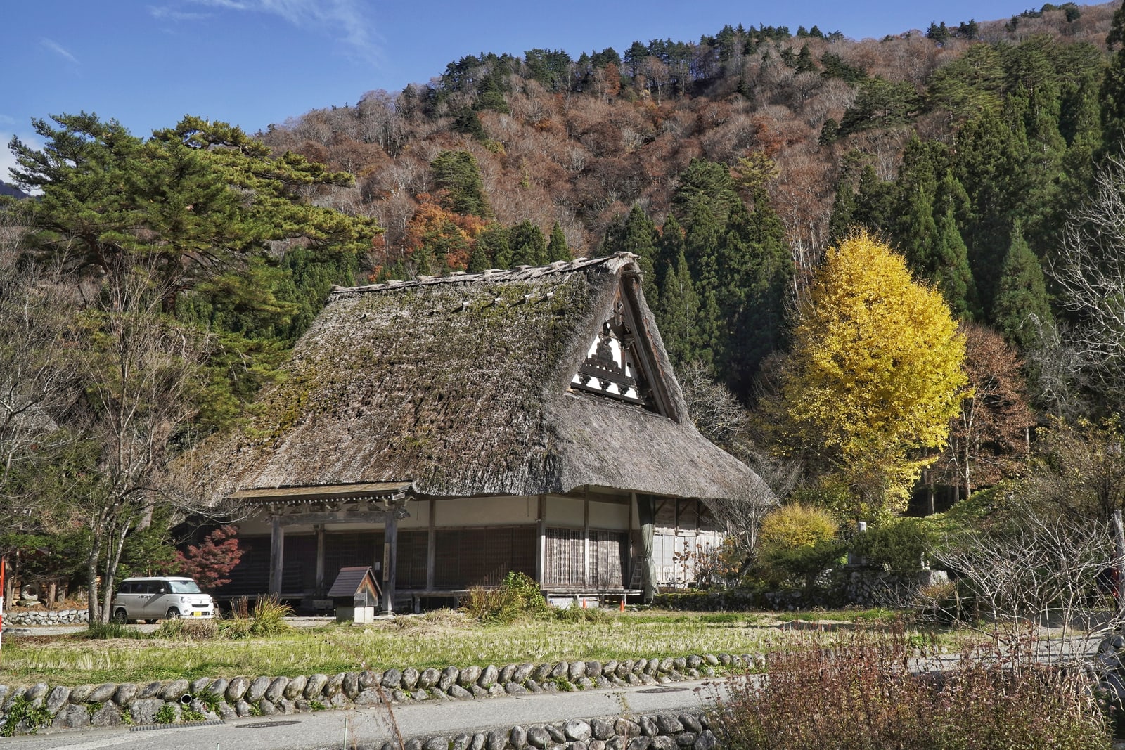 A thatched gassho-style farmhouse in autumn, yellow and orange trees beside it, a forested hillside behind.