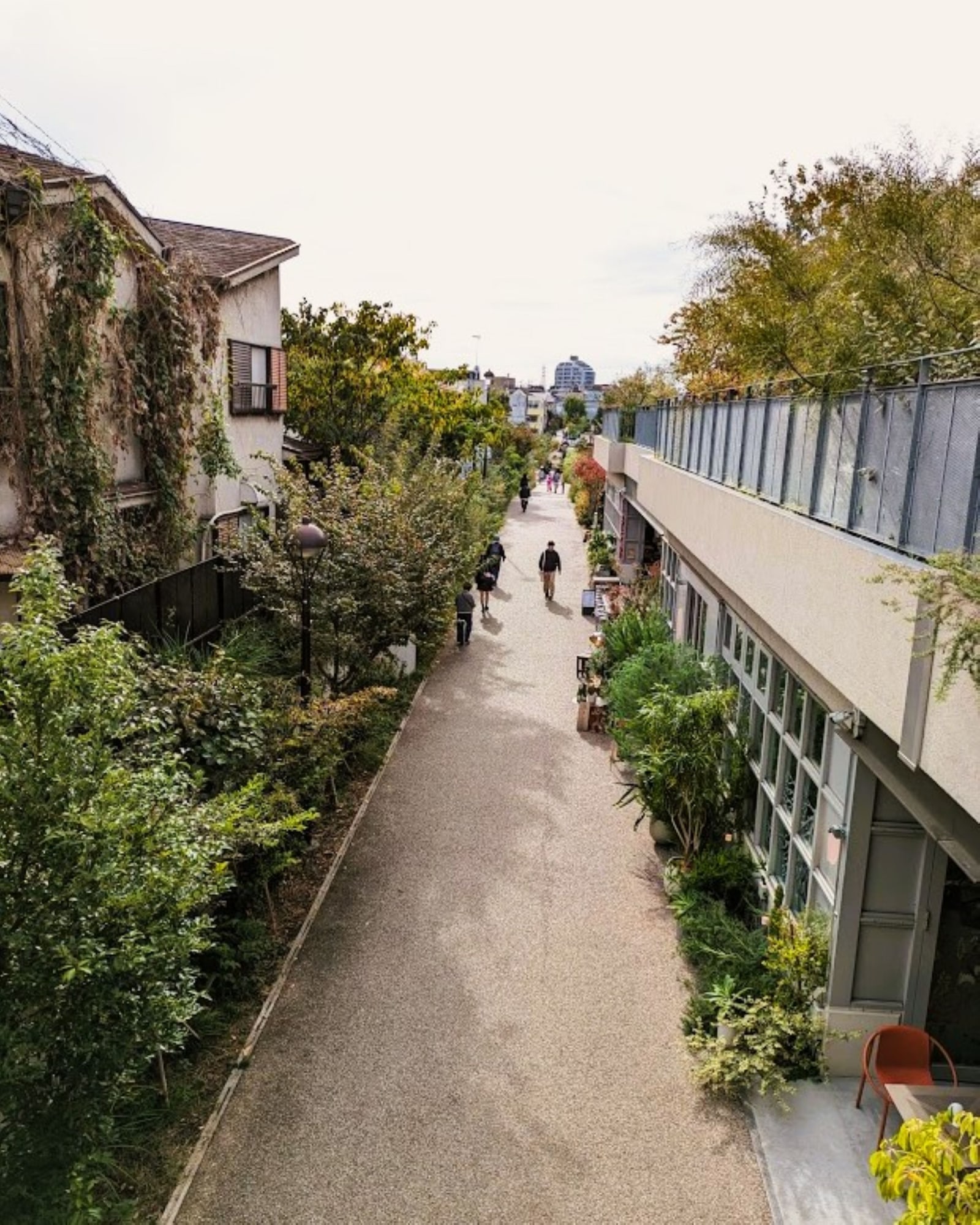 A planted pedestrian path between houses and low shop buildings, a few walkers in the distance