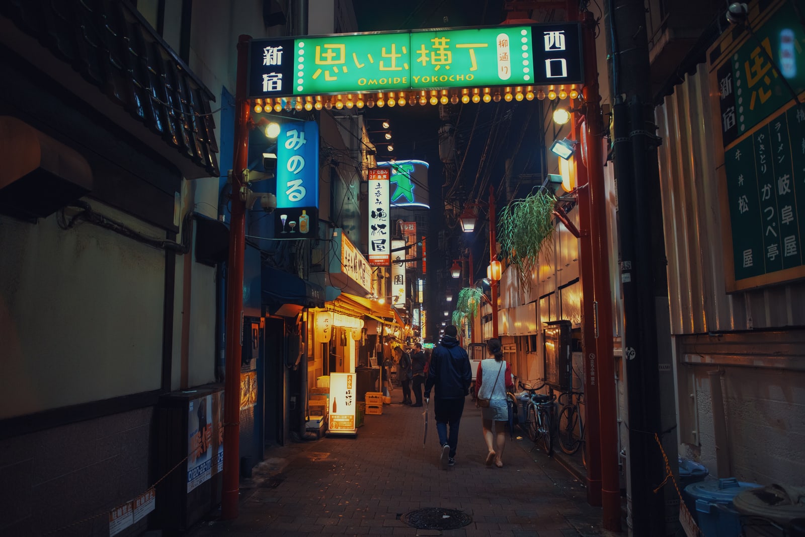 A lit green gate sign reading 新宿西口 思い出横丁 over a narrow brick-paved alley at night, small bars with lit signs on both sides and two walkers seen from behind