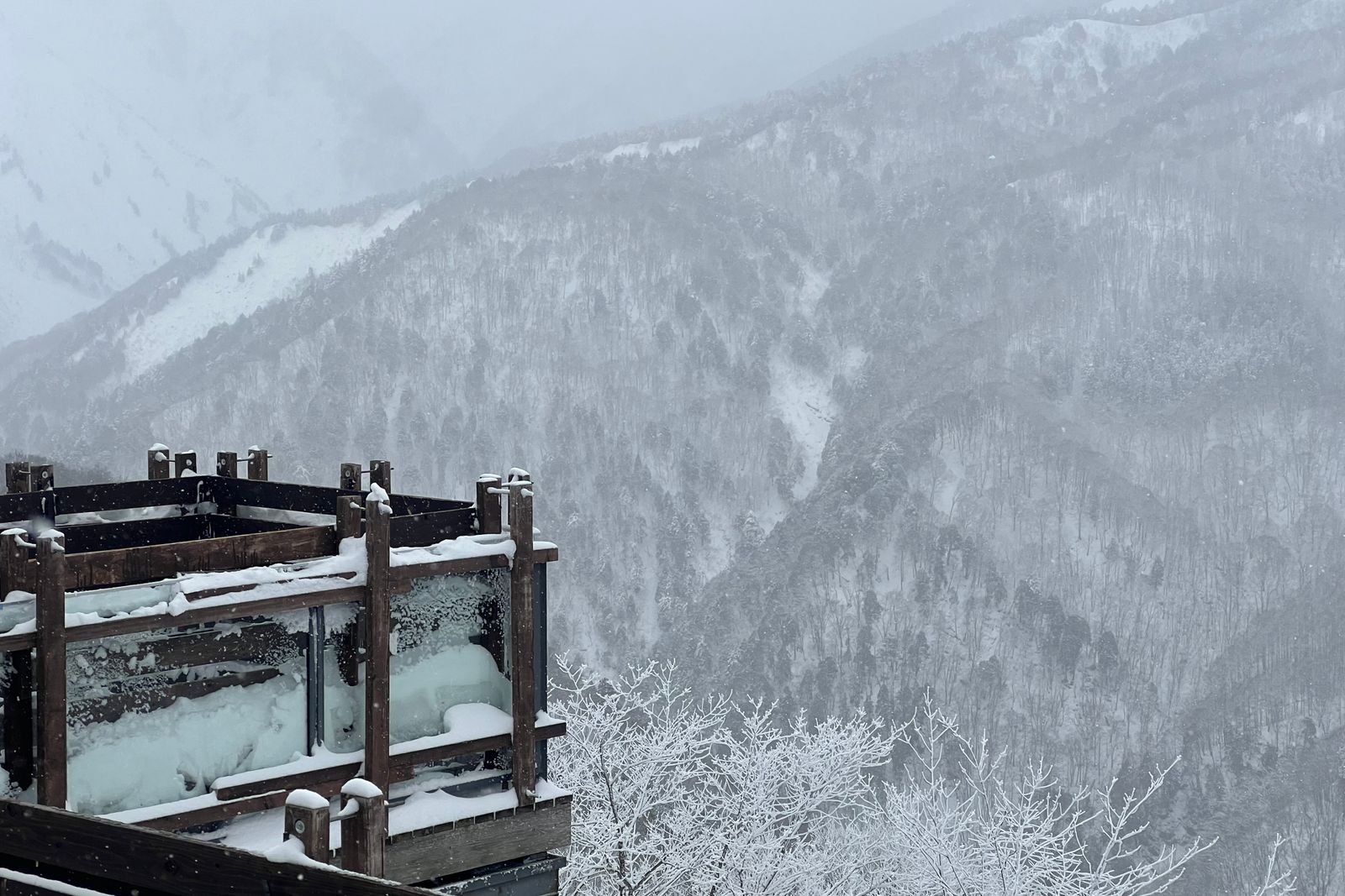 Snow falling over a forested mountainside fading into cloud, a snow-loaded timber-and-glass observation deck in the foreground.