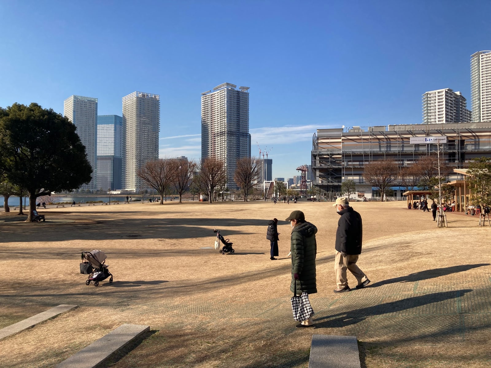 Parents and two strollers on a wide park lawn in Toyosu, Tokyo, with apartment towers behind.