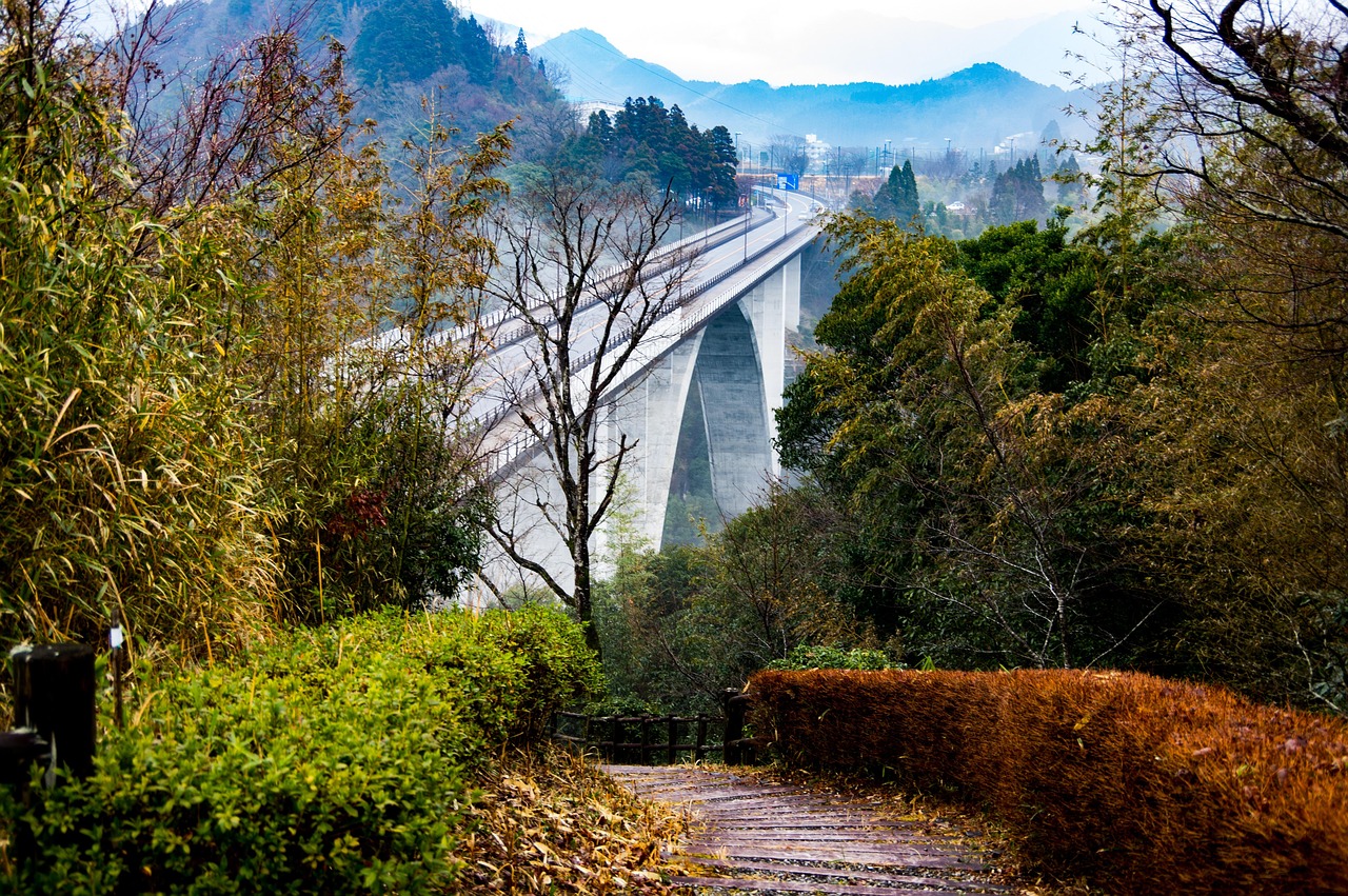 A tall concrete arch bridge over a wooded valley, hazy mountains behind