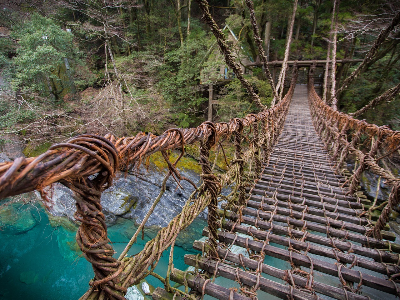 A bridge of twisted vines and wooden slats over a turquoise river