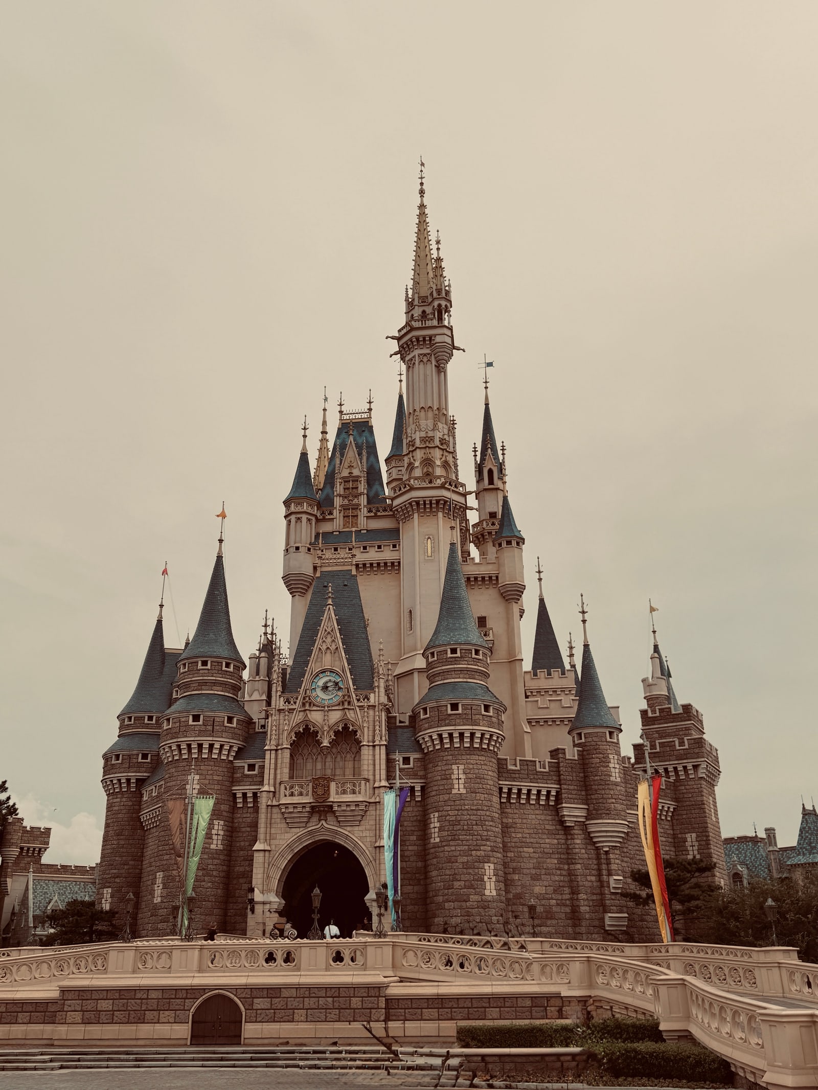 Cinderella Castle at Tokyo Disneyland, photographed with a vintage sepia filter.
