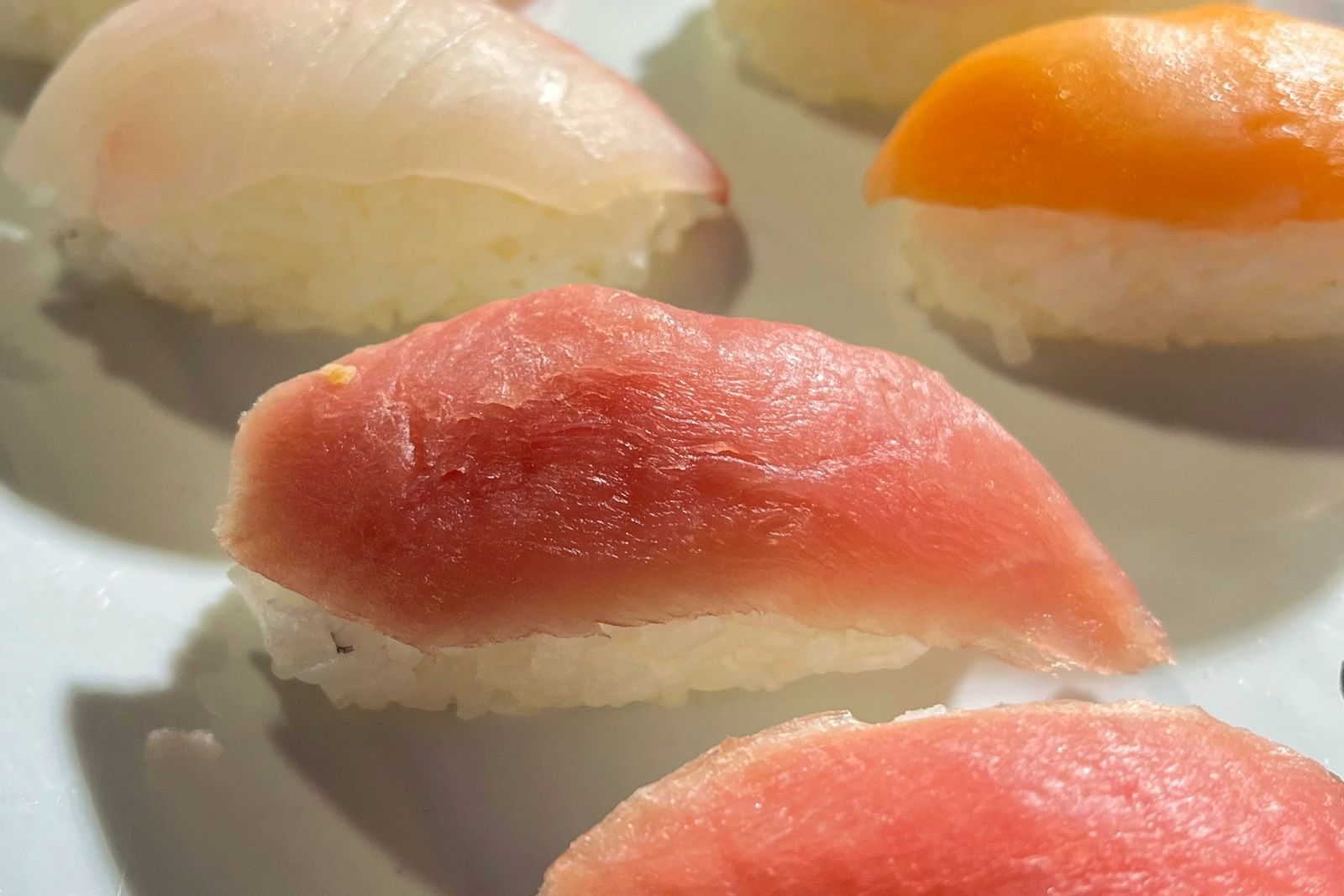 A close-up of assorted nigiri on a plain white plate.